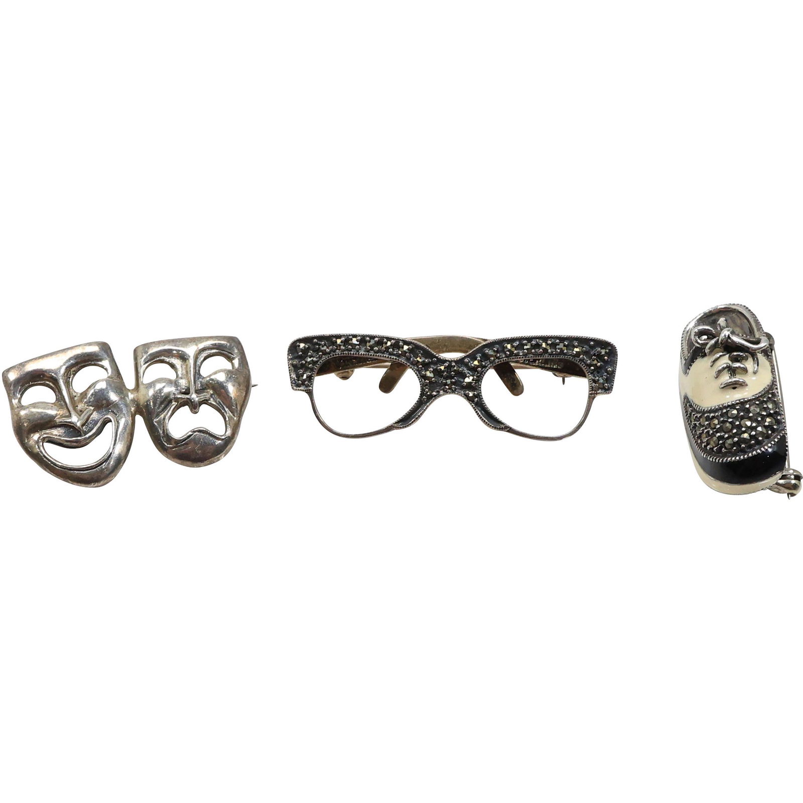 [3] Sterling Silver Pins: Enameled Sneaker; Opera Theatrical Faces; Eye Glasses (1 of 19)