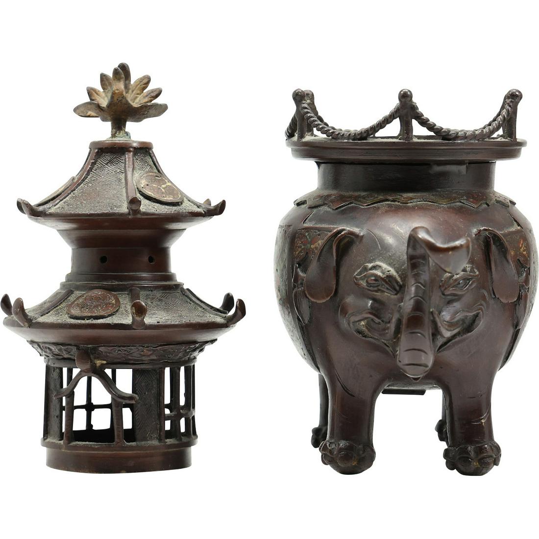 [2] Oriental Bronze Censors Elephant with Champleve & Pagoda Temple (1 of 20)