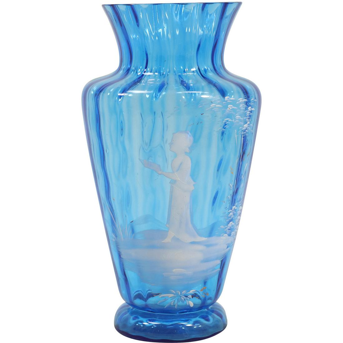 Mary Gregory Blue Glass Vase with White Enamel Figure (1 of 20)
