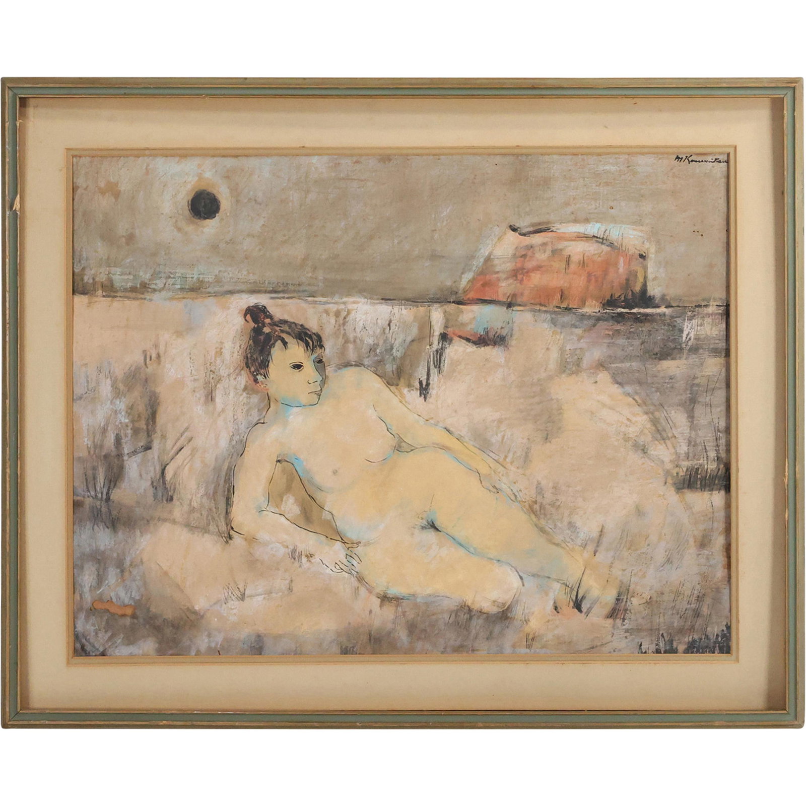 Matsumi Kanemitsu 1922-1992, Mixed Media Reclining Nude Japanese Woman: Matsumi Kanemitsu 1922-1992, Mixed Media Reclining Nude Japanese Woman. Signed, Original Frame. Well Listed Artist.size: 18 x 23 matte, 23 x 28 outside frame. ASKart: Matsumi (Mike) Kanemitsu (1922 -