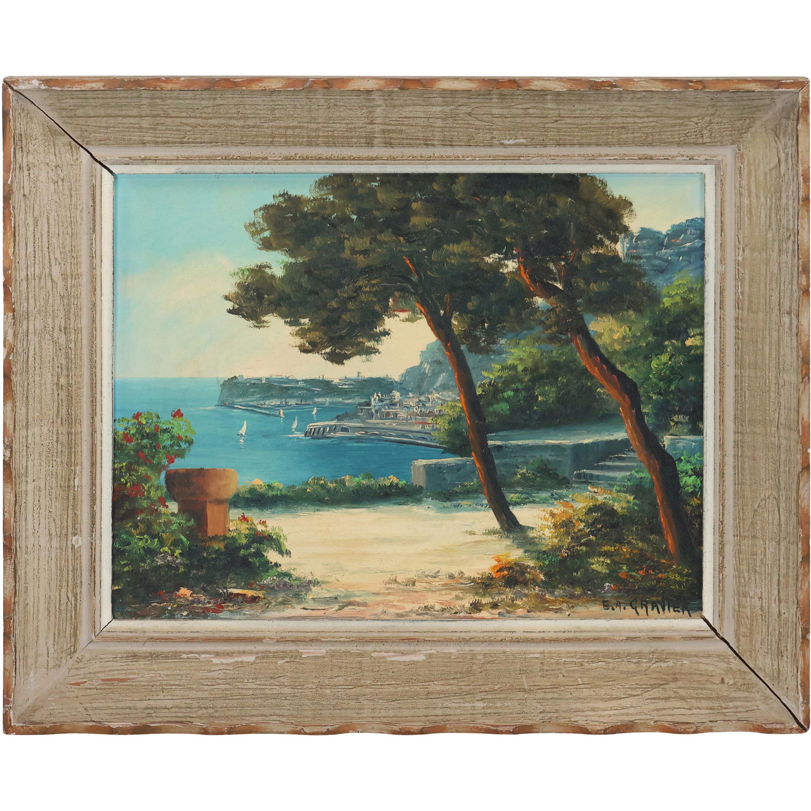 E A Gravier, Vintage Oil Painting, Italian Coastal Village Landscape (1 of 11)