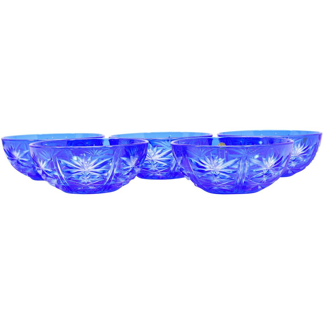 [5] Bohemian Cobalt Blue Glass Cut to Clear Small Berry Bowls: [5] Bohemian Cobalt Blue Glass Cut to Clear Small Berry Bowls. size: 2.25h 5.25w