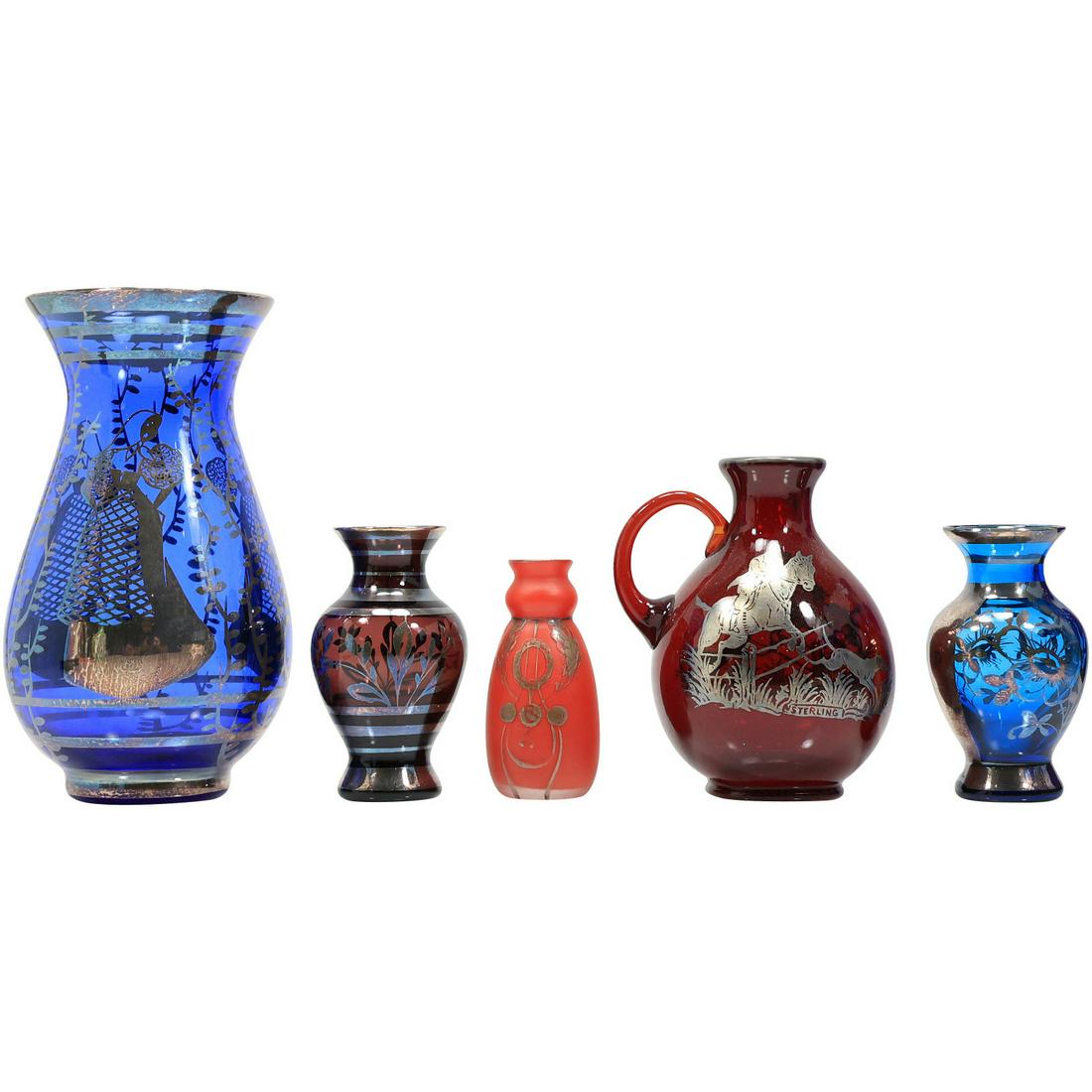 [5] Assorted Vintage SILVER OVERLAY Colored Glass Vases (1 of 20)