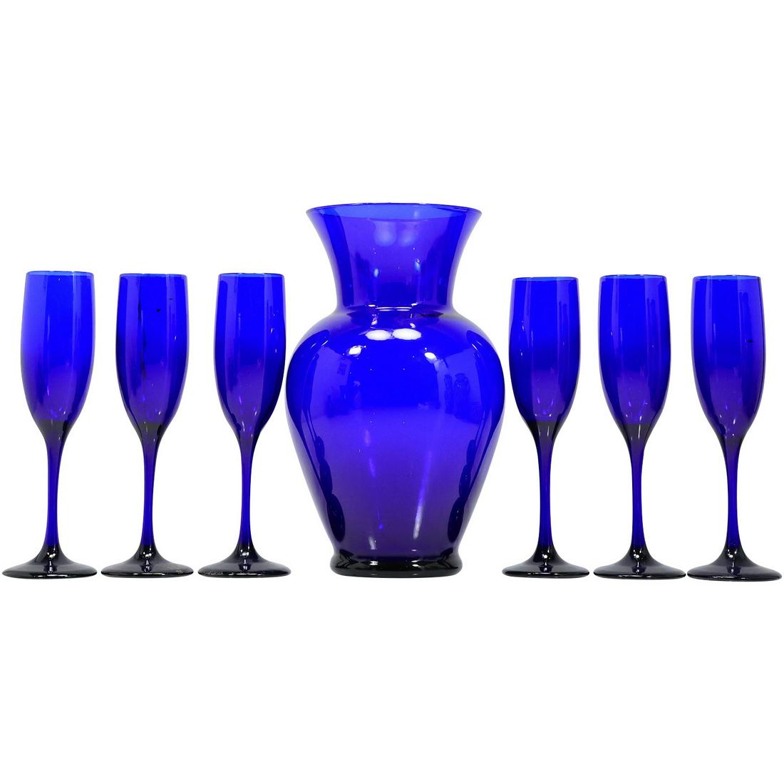 6 Cobalt Blue Flutes Cocktail Glasses and Cobalt Blue Glass Vase: 6 Cobalt Blue Flutes Cocktail Glasses and Cobalt Blue Glass Vase. size: x6 glasses 8.75h 2.75w vase 10.75h 6.5w