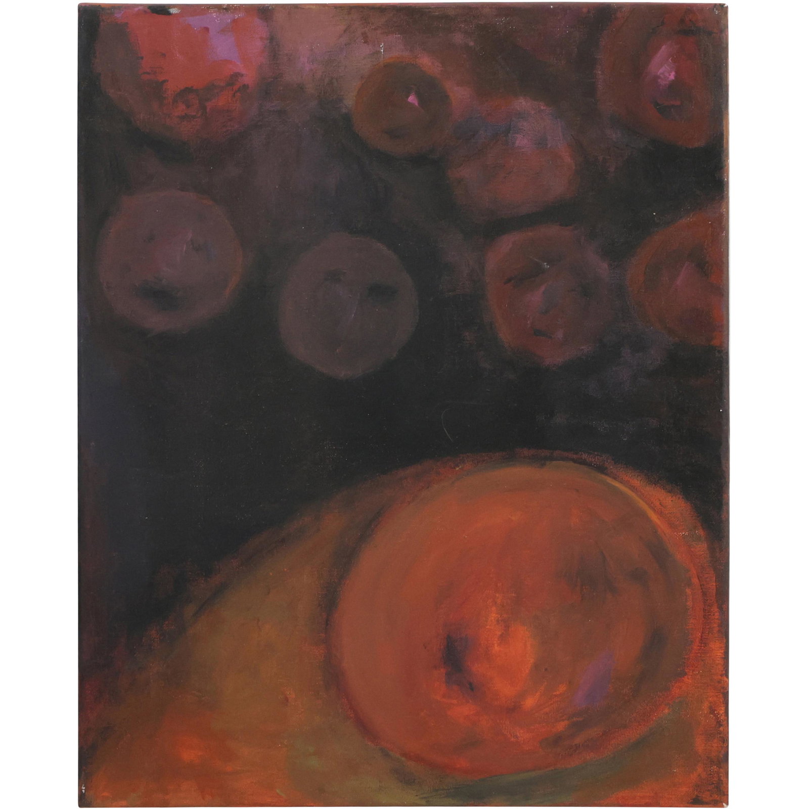 20th C. Oil/c Eerie Abstract of Floating Round Faces. Oil on canvas painting (1 of 12)