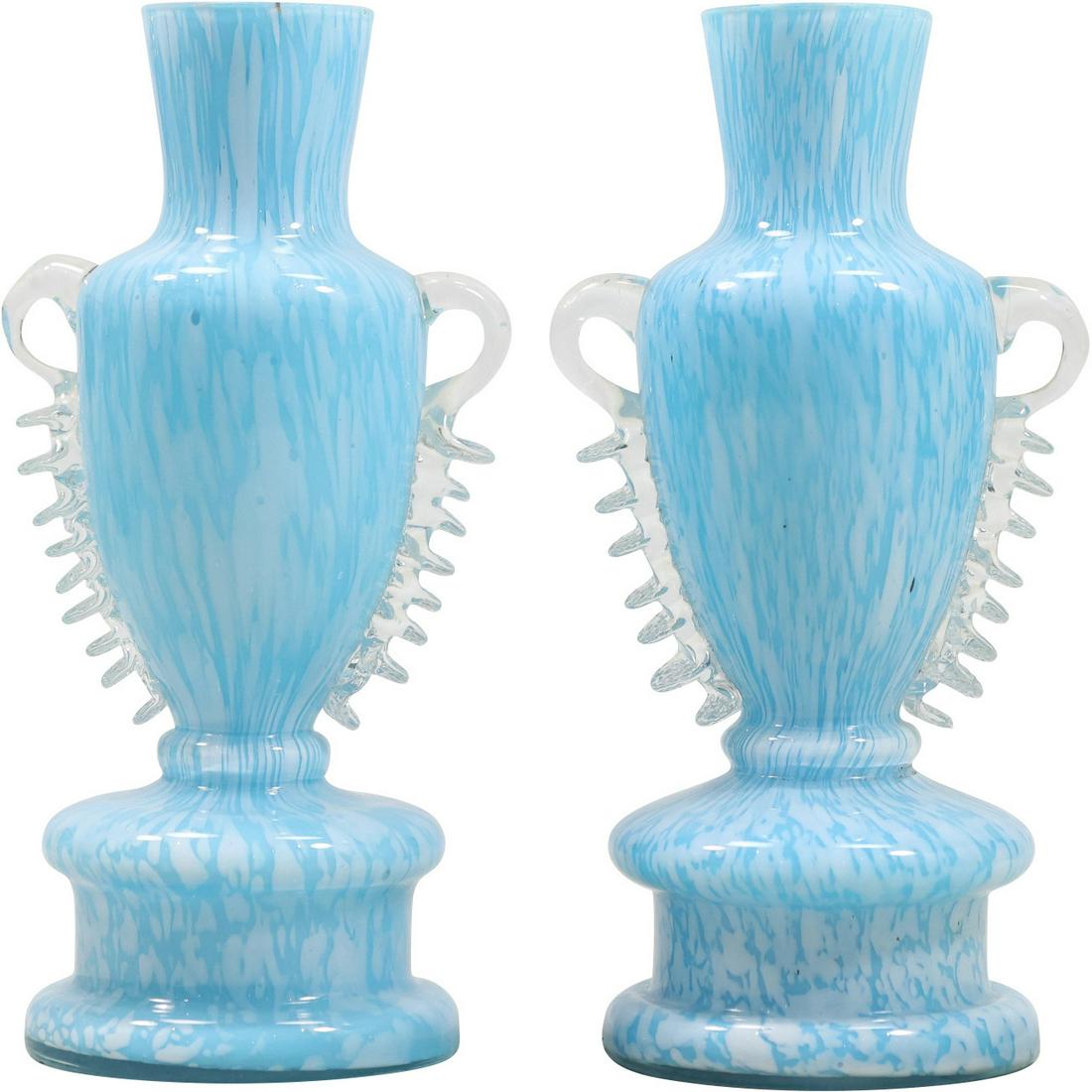 [2] Light Blue & White Spotted Glass Vases with Applied Clear Accent Trim (1 of 20)