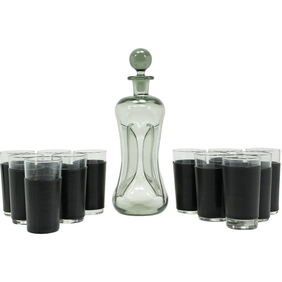 Pinched Sides Smoked Glass Liquor Decanter with 12 Tall Black Cocktail Glasses: Pinched Sides Smoked Glass Liquor Decanter with 12 Tall Black Cocktail Glasses. size: x12 glasses 4.75h 2.5w bottle 15.5h 4.5w