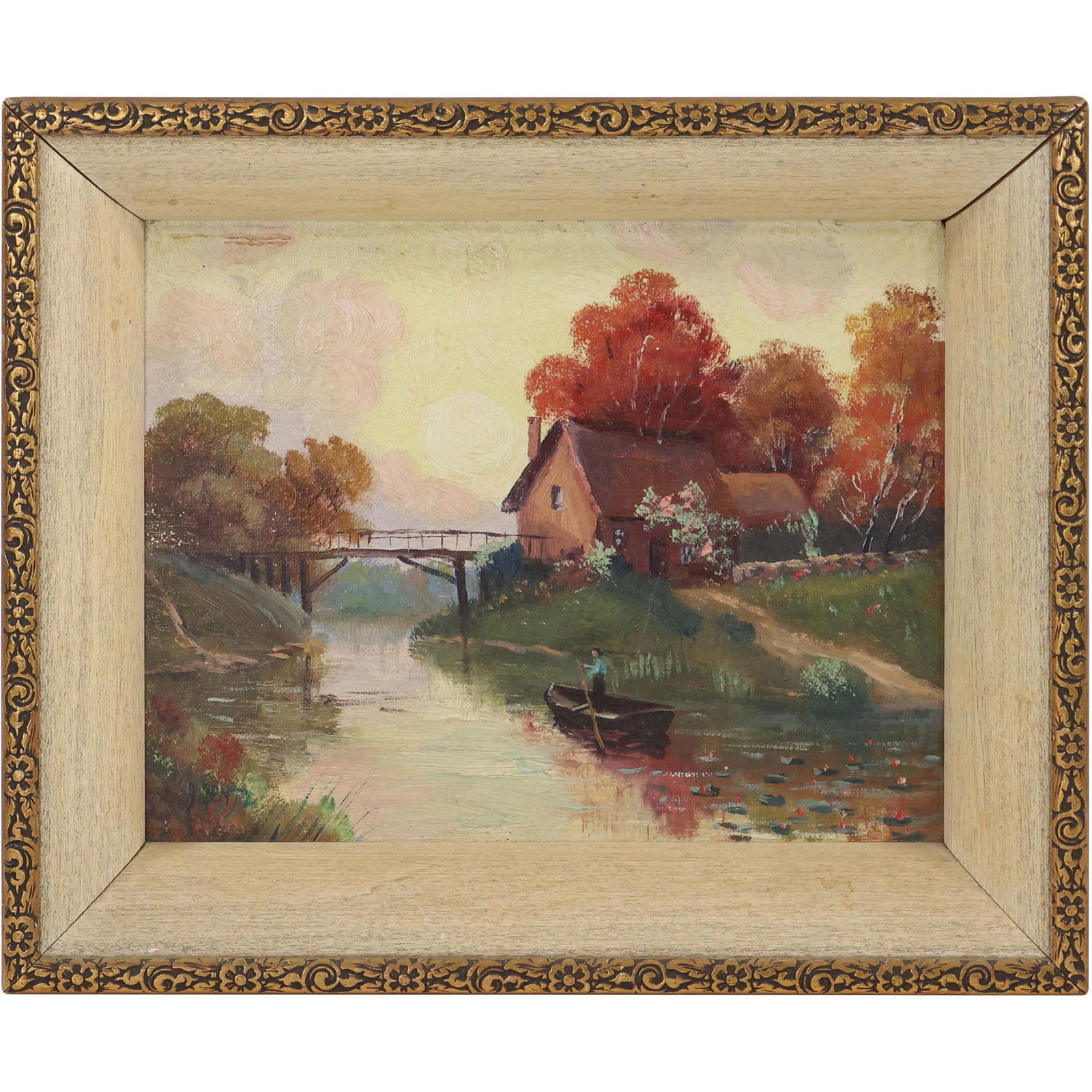 J Dentz, Vintage Oil Painting on Board Small River Near House, Bridge, Figure (1 of 10)