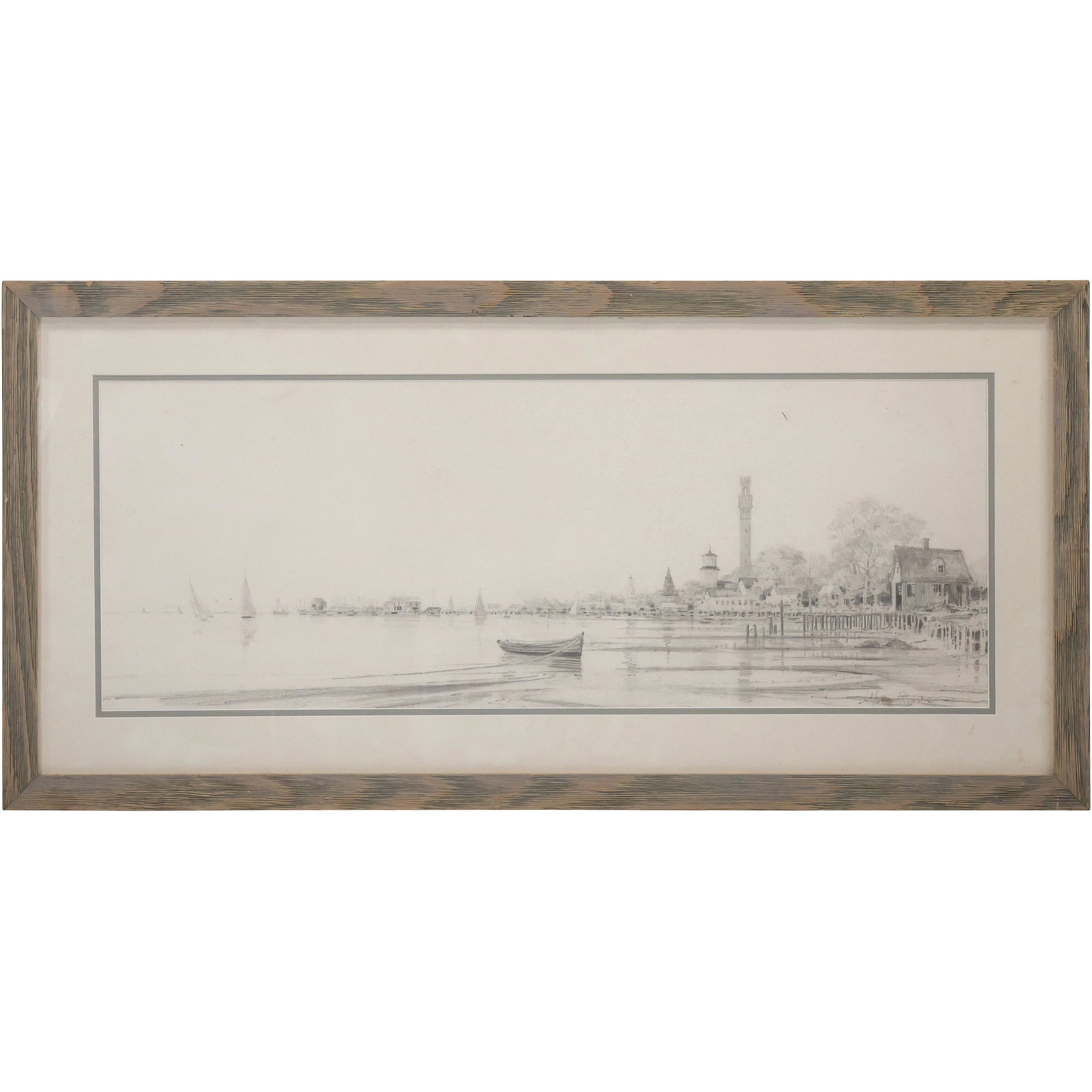 Harry Dove, Port Town With Boats, Coastal Village, Framed: Harry Dove, Port Town With Boats, Coastal Village, Framed. size: 10.5 x 29 matte, 17.25 x 35.5 outside frame