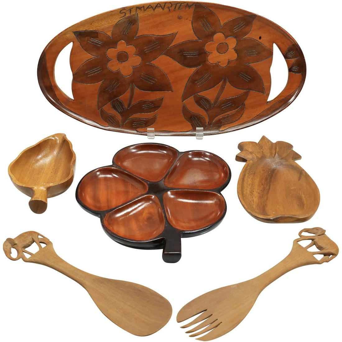 6 Piece Assorted Wooden Ware Tray, Serving Bowls, Salad Toss Spoon & Fork (1 of 20)