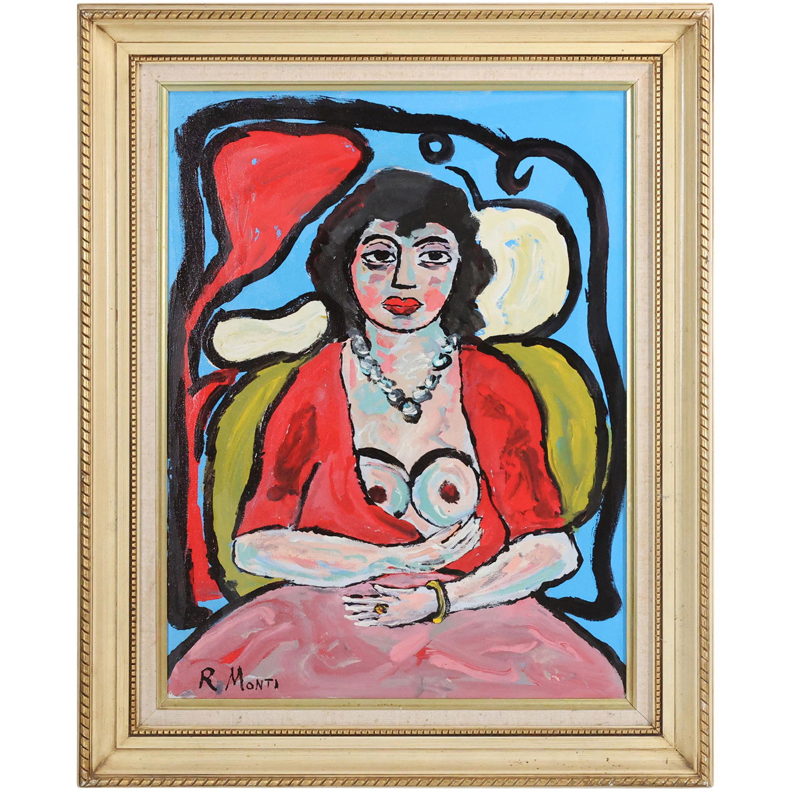 Rocco Monticolo, R Monti, Oil/c Abstract Seated Woman Semi Nude: Rocco Monticolo, R Monti, Oil/c Abstract Seated Woman Semi Nude. Oil on canvas painting, Signed, Framed. Well Listed American Artist.size: 24 x 18, 30.25 x 24.25 outside frame. ASKart: Rocco Monticolo