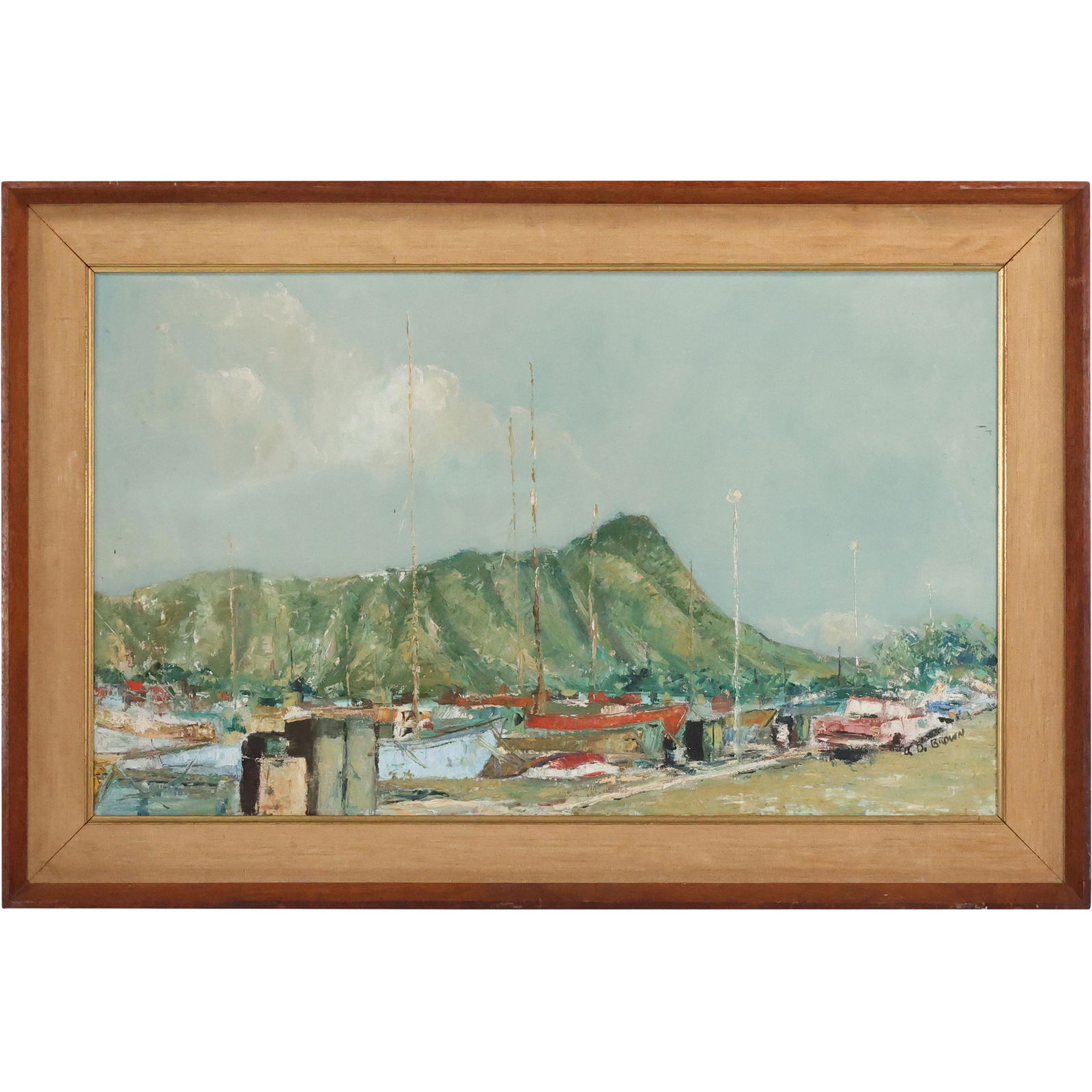 J D Brown, Vintage Oil Painting on Canvas, Fishing Boats Docked in Costal Cove: J D Brown, Vintage Oil Painting on Canvas, Fishing Boats Docked in Costal Cove. size: 18 x 30, 23.25 x 35.5 outside frame