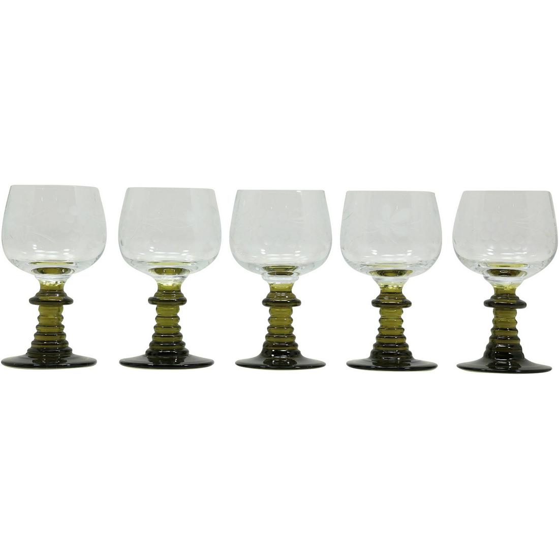 5 GERMAN ZWIESEL WINE GLASSES TEAL GREEN BASES: 5 GERMAN ZWIESEL WINE GLASSES TEAL GREEN BASES. size: 5.5h 3w