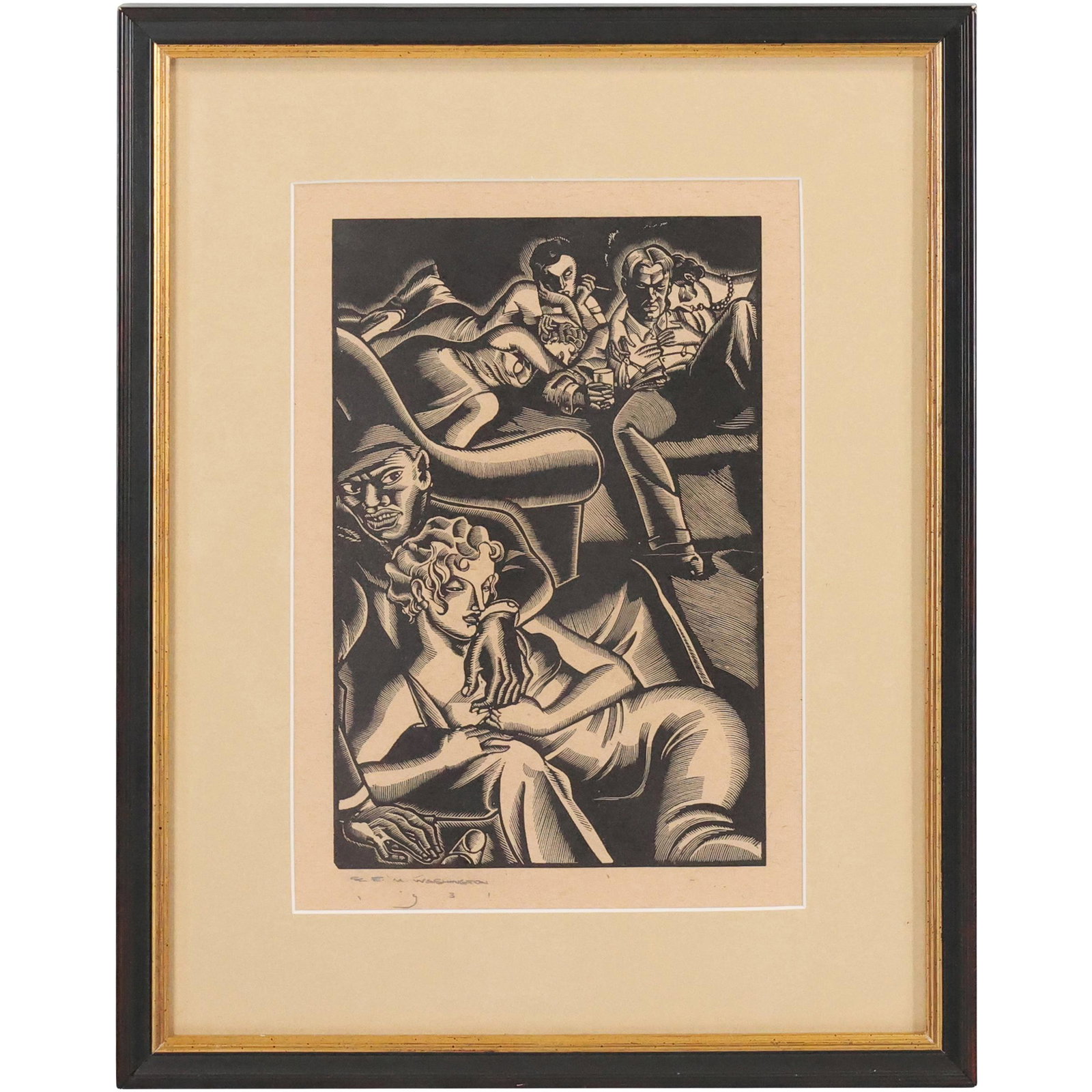 Earl M. Washington; Original Woodcut Signed: Earl M. Washington; Original Woodcut Signed . Woodcut on paper. The Hideout. Pencil signed and dated 1931; 10in. X 7in.(image), 15in. X 11.75in.(framed)