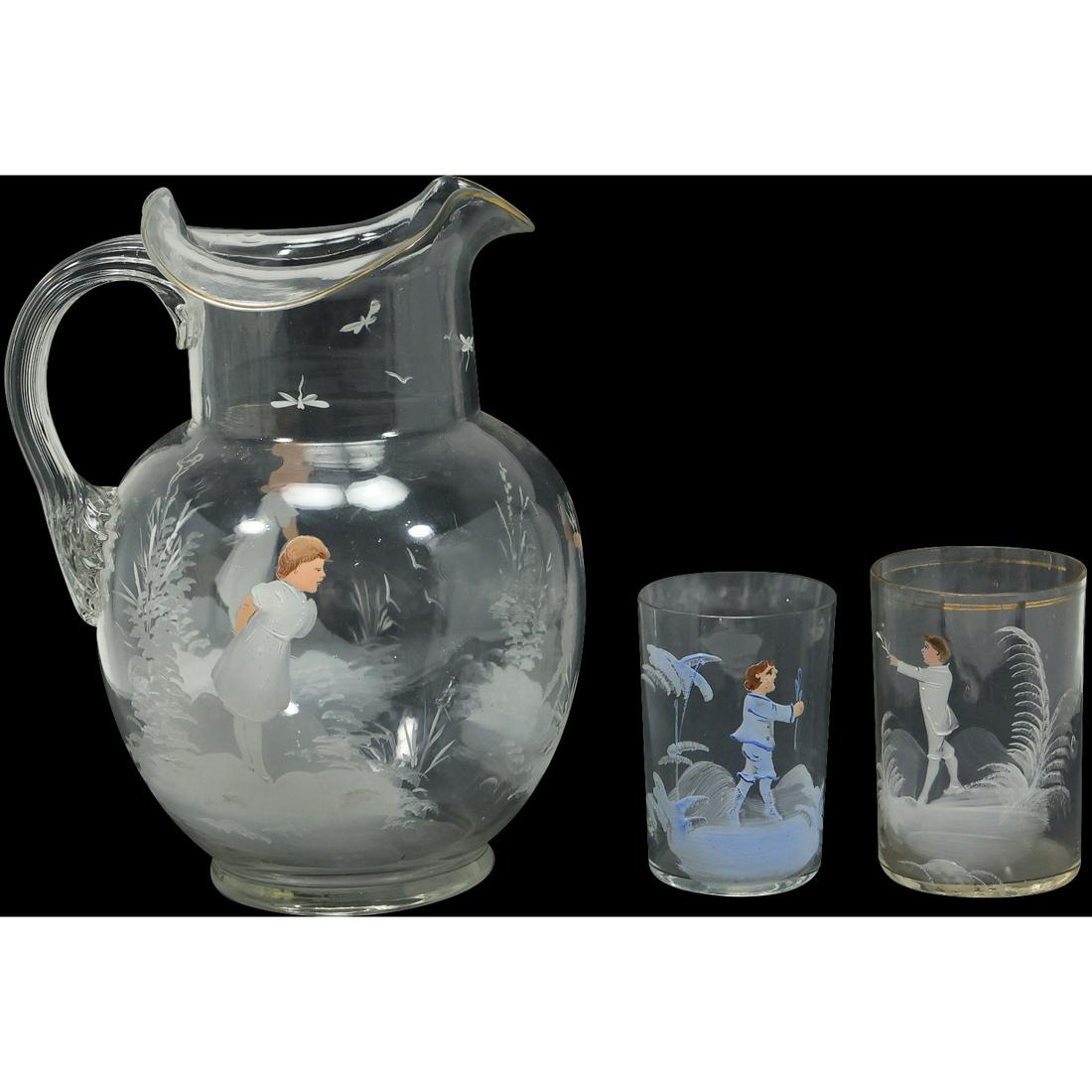 MARY GREGORY Glass Water Pitcher with 2 Glasses (1 of 20)