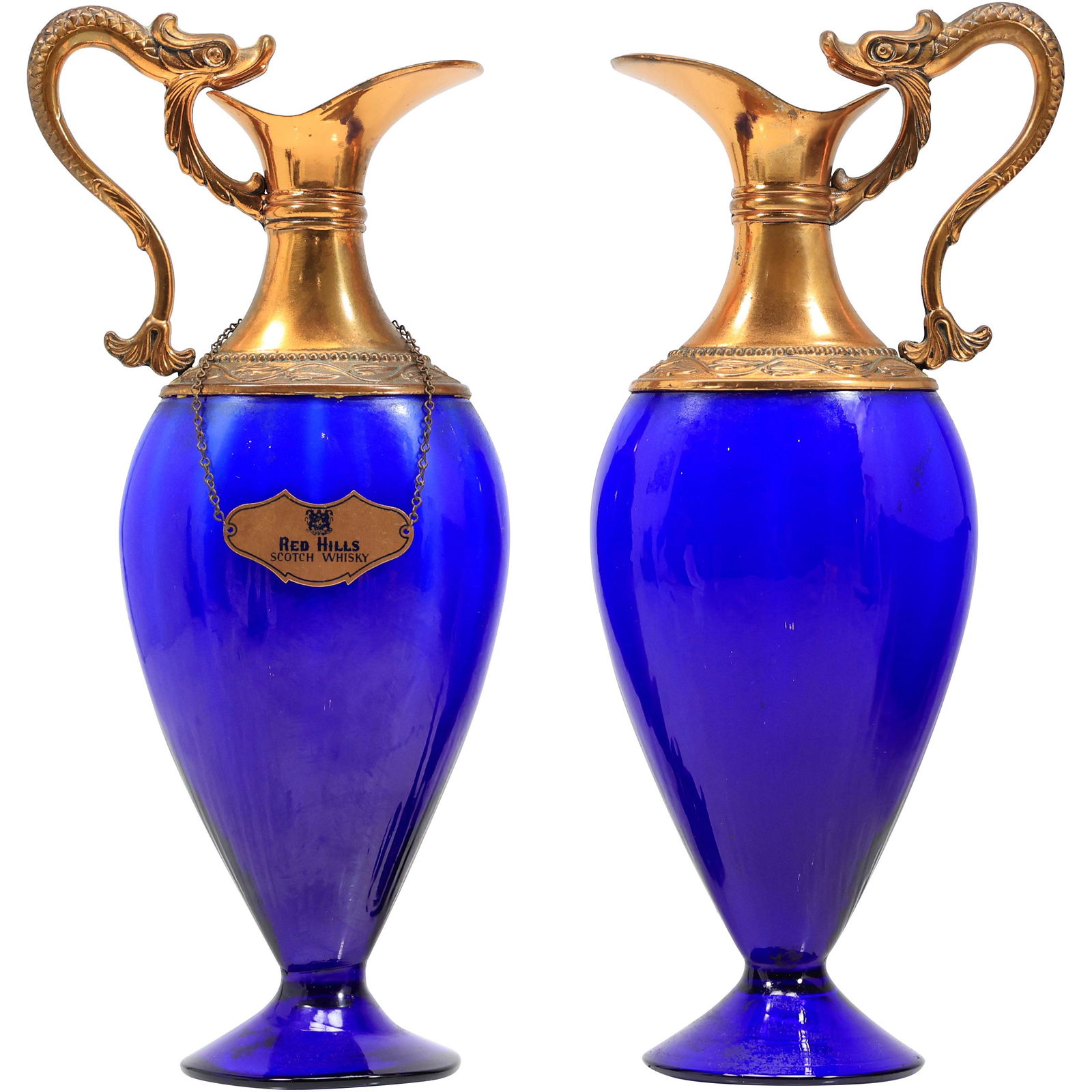 [2] Cobalt Blue Glass Ewer Decanters with Gold Tone Metal Tops, Serpent Handles (1 of 20)