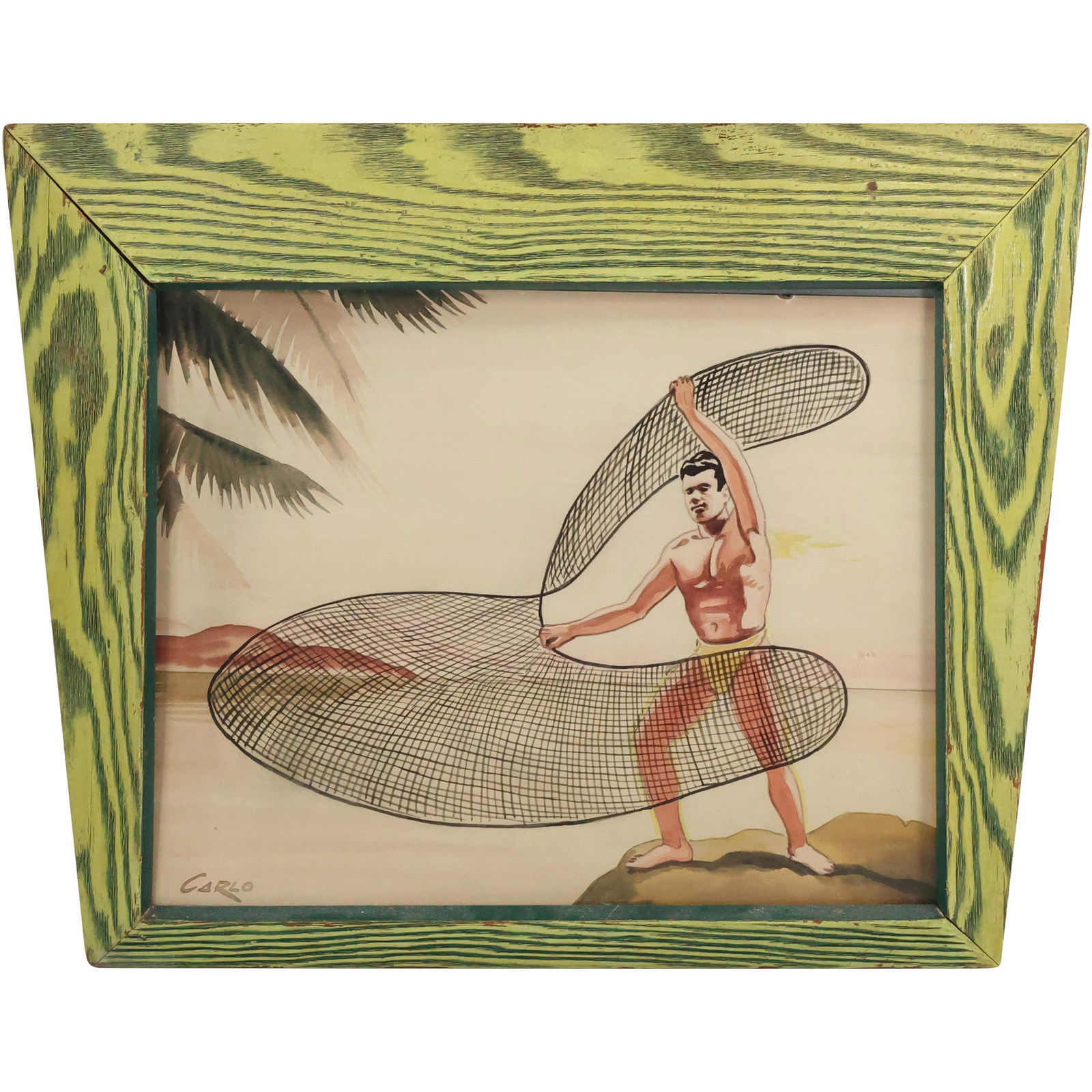 Carlo , Watercolor Painting, Polynesian Man Holding Fishing Net (1 of 10)