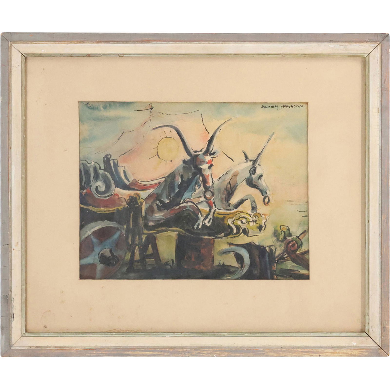 Dorothy Humason, American, Watercolor Painting Animals Pulling Chariot, Signed, Framed (1 of 13)