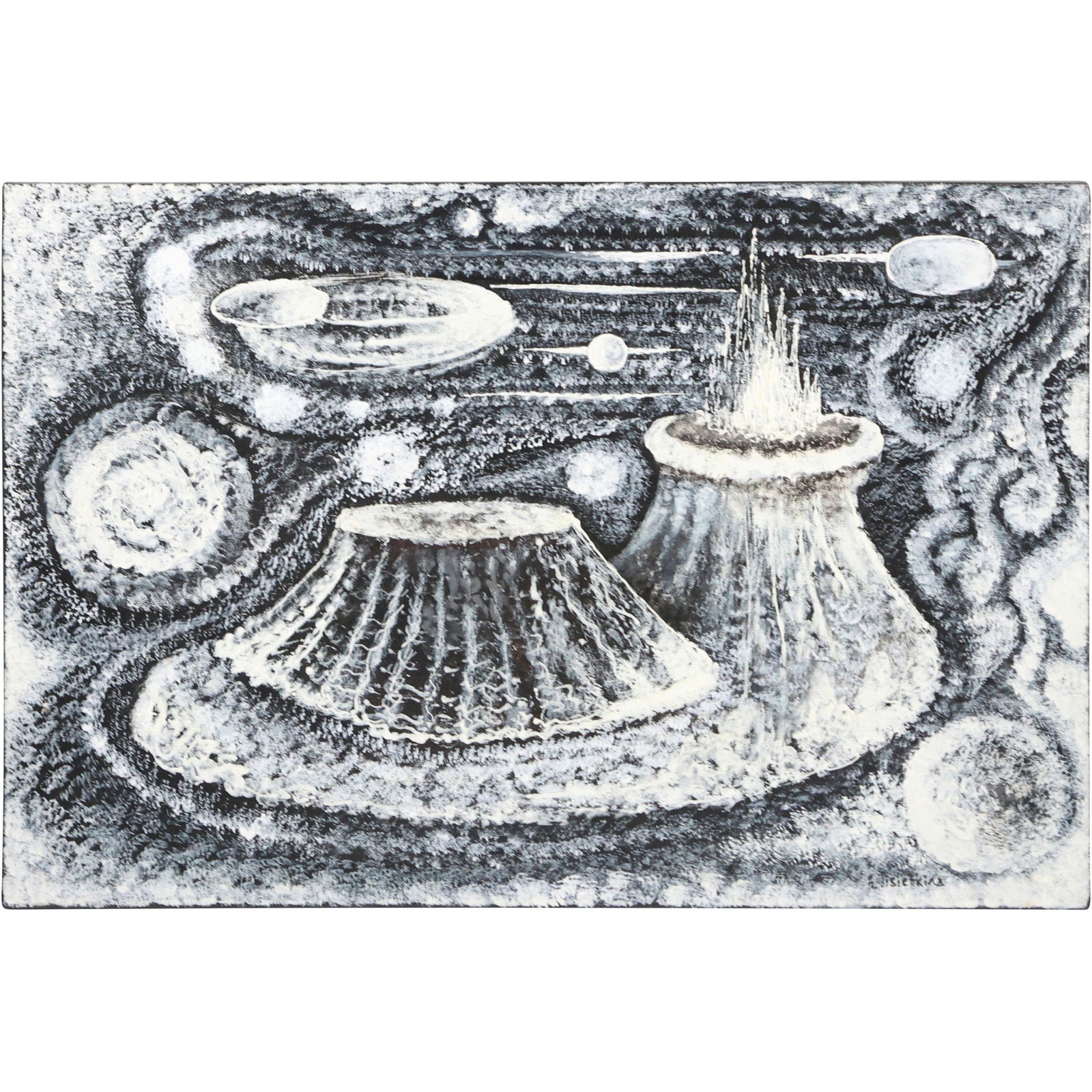 Alisa Lisichkina, Kiew Ukraine, 20th C. Oil/c Modernism Space Age Painting: Alisa Lisichkina, Kiew Ukraine, 20th C. Oil/c Modernism Space Age Painting. Signed front and back, oil on canvas. size: 15.75 x 23.75