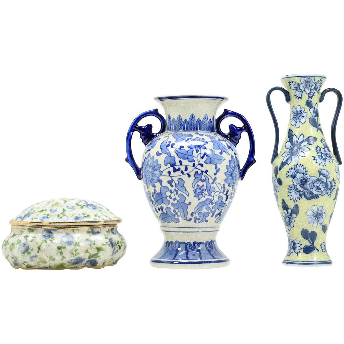 [3] Decorated Porcelain 2 Handled Vase Urns and Covered Box (1 of 20)