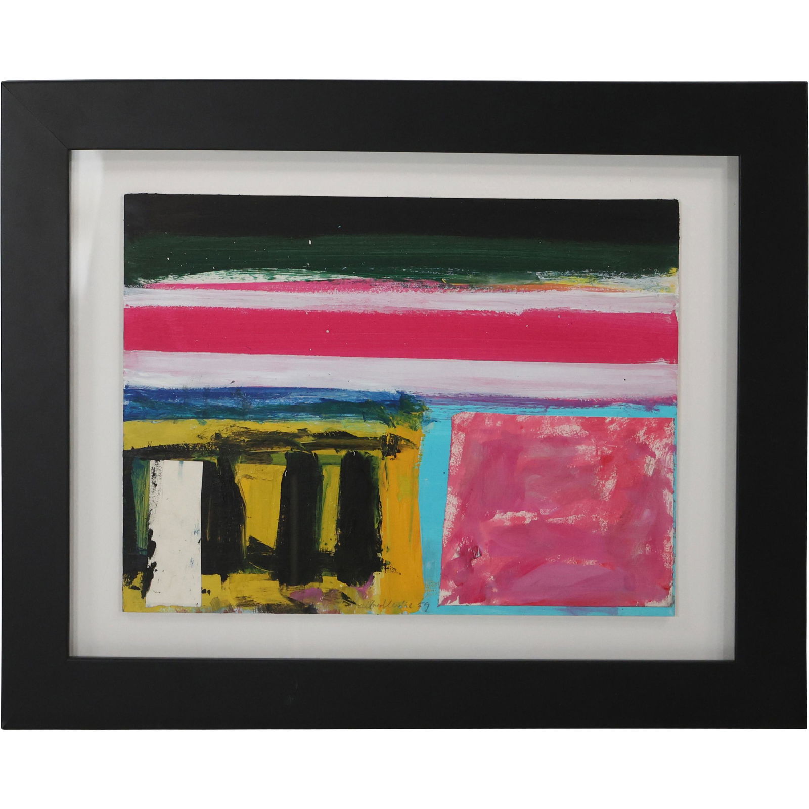 ALFRED LESLIE 1959 ATTRIB. OIL ON PAPER ABSTRACT BLOCKS. Signed and dated 1959. Gallery framed (1 of 13)