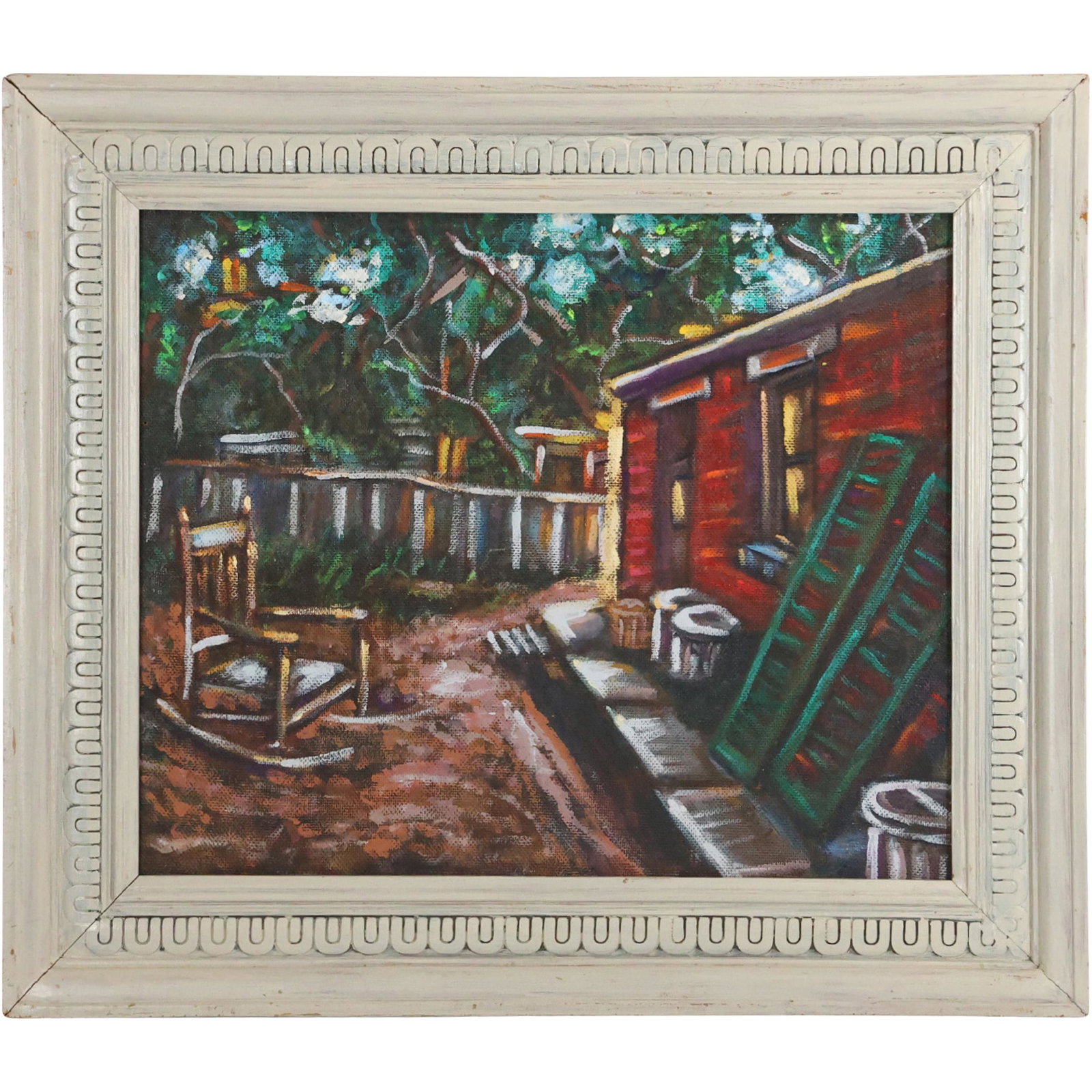 Merrill Owens b. 1932 California, Oil Painting Shanty House / Cabin, Outdoor Rocking Chair: Merrill Owens b. 1932 California, Oil Painting Shanty House / Cabin, Outdoor Rocking Chair. Signed Owens on verso. Framed. Oil on board painting. size: 18.25 x 22.25, 24.25 x 28.25 outside frame