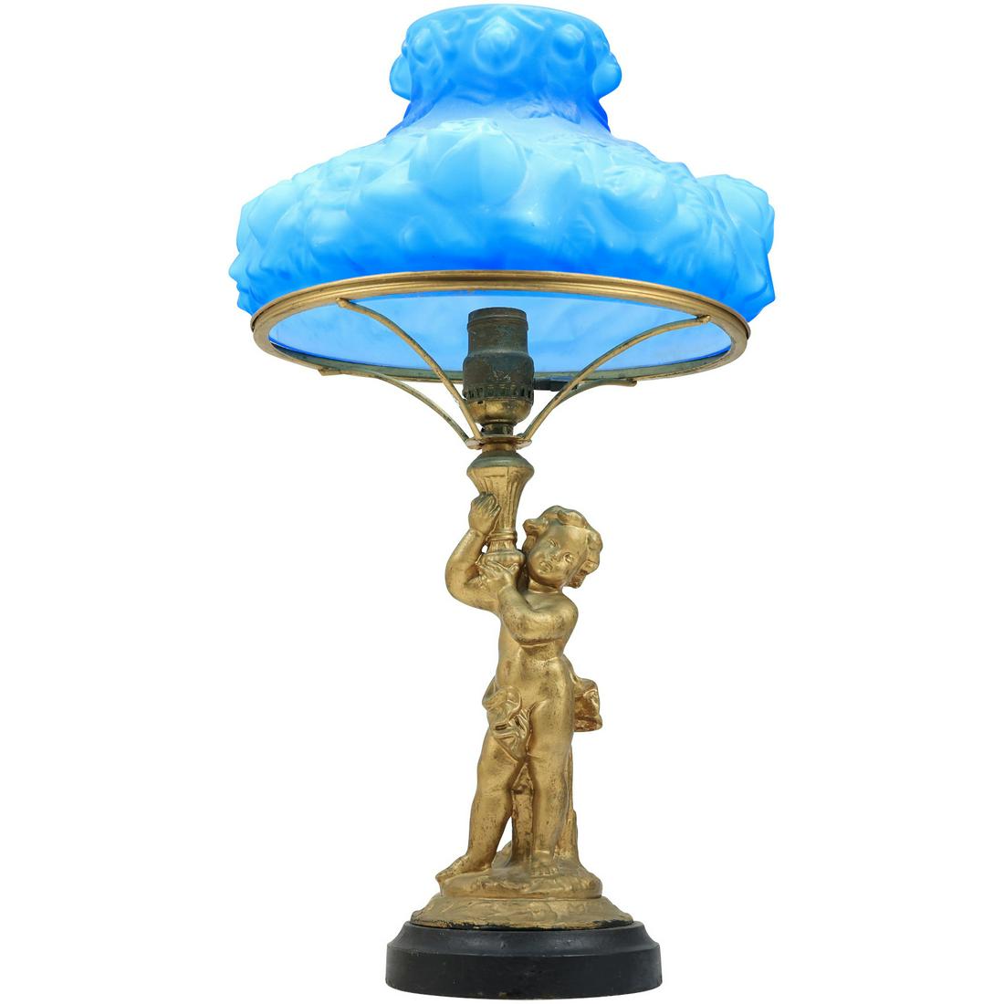 Antique Cherub Figurative Metal Base Table Lamp Blue Cased Glass Shade (1 of 20)