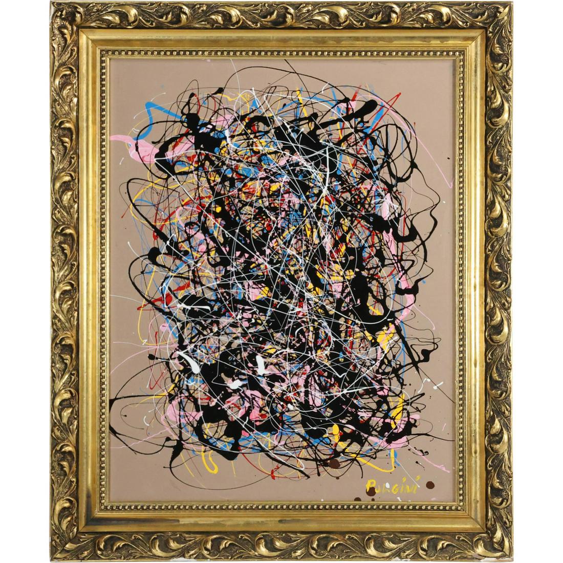 Thomas Pulgini, American. Oil Painting Style of Jackson Pollock Drip Art: Thomas Pulgini, American. Oil Painting Style of Jackson Pollock Drip Art. Signed, Framed. Well Listed American Artist. size: 27.5 x 21.75, 33.5 x 27.5 outside frame. ASKart: Thomas Pulgini, Born 1965