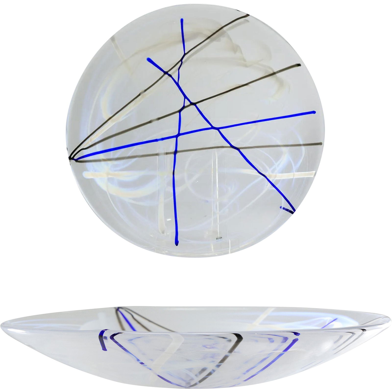 KOSTA BODA Large Glass Serving Platter Crystal White Abstract  Accents, Blue & Black Stripes (1 of 20)