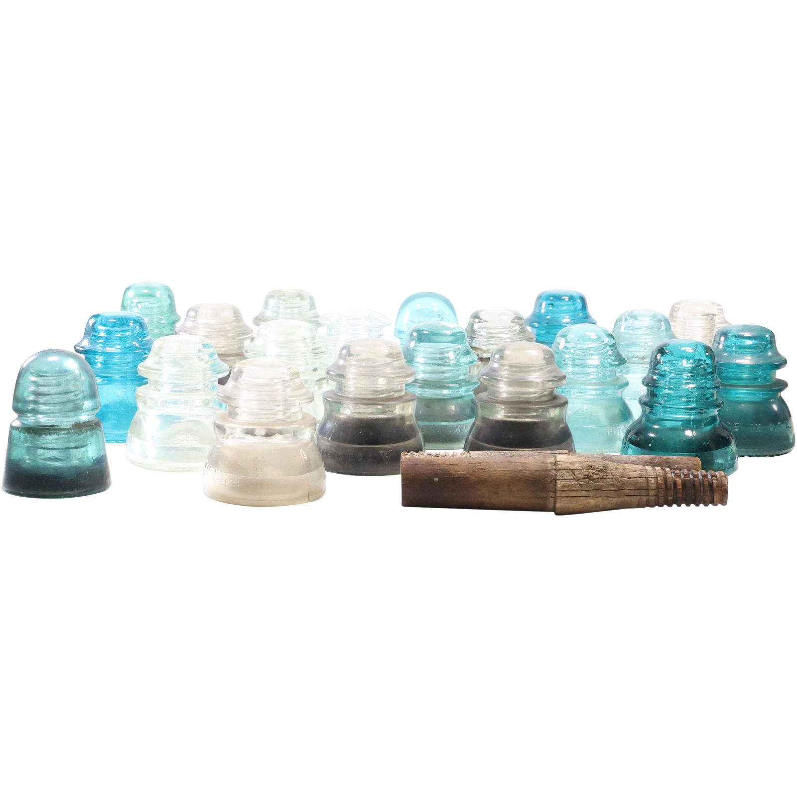 20 Assorted New York Central Glass Insulators with 2 Original Wood Posts (1 of 15)