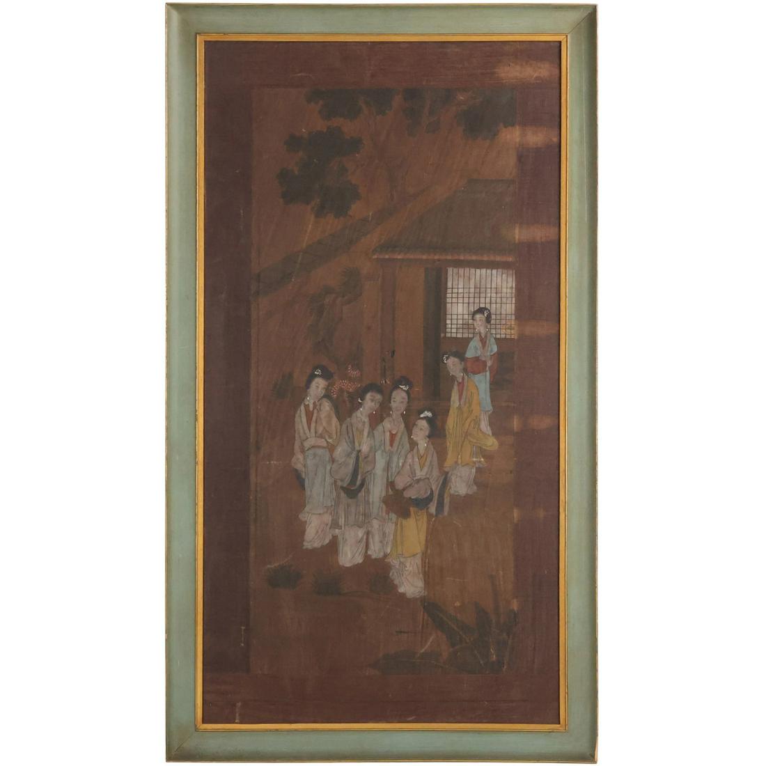 Vintage Japanese Lithography Grouping of Figures, Framed: Vintage Japanese Lithography Grouping of Figures, Framed. size: 37.25 x 19.5, 40.75 x 23 outside frame