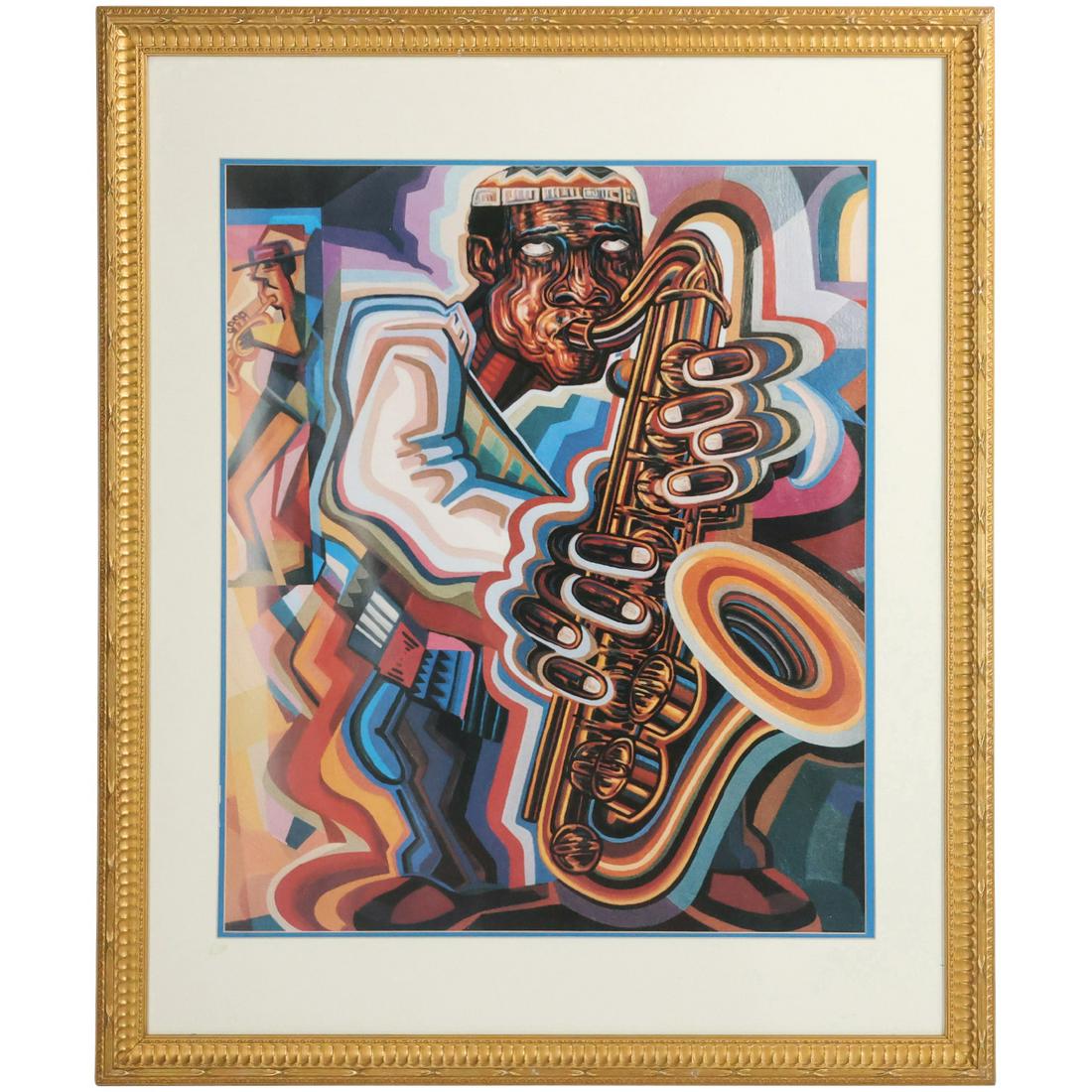 Colorful Framed Serigraph JAZZ SAXOPHONE PLAYER - Framed (1 of 10)