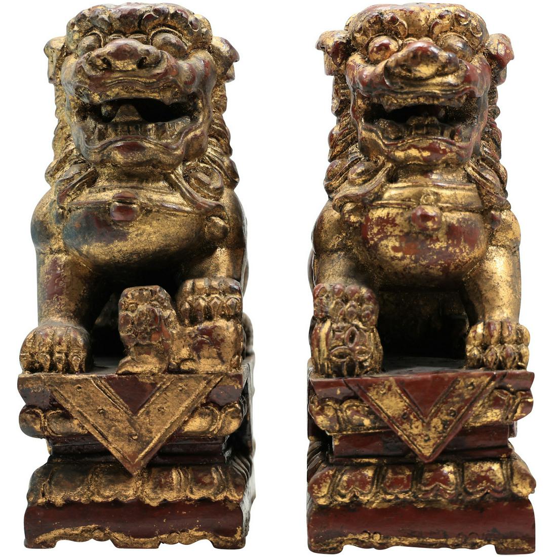 [2] Gold Gilt Wooden Carved Buddhist Lion Temple Figure Statues (1 of 20)