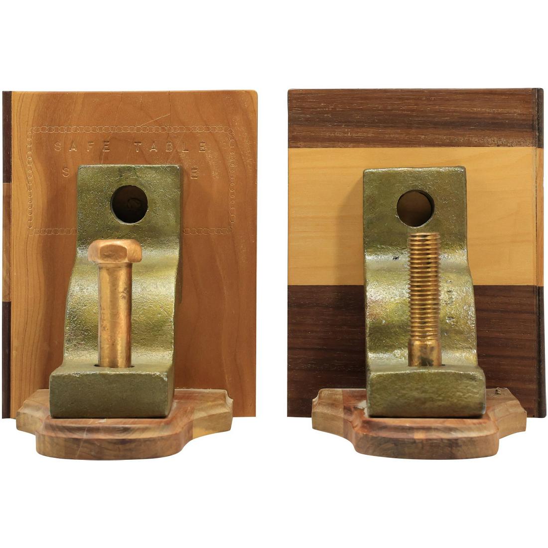 Pair INDUSTRIAL ERA Metal and Wood Bookends: Pair INDUSTRIAL ERA Metal and Wood Bookends. size: 8.25h 6.5w