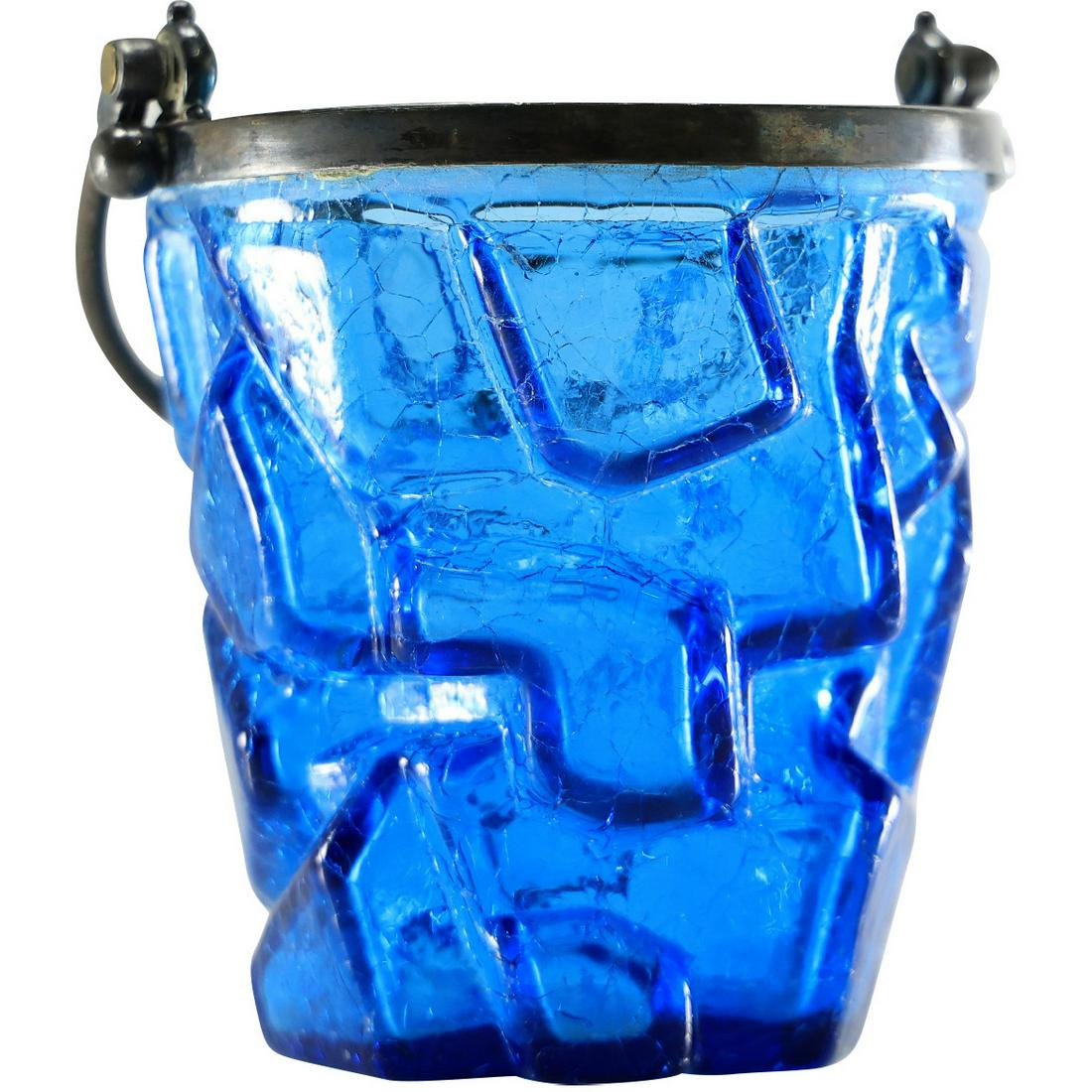 Mid-Century Modern Cobalt Blue Glass Ice Bucket Embossed Ice Cubes Pattern (1 of 17)