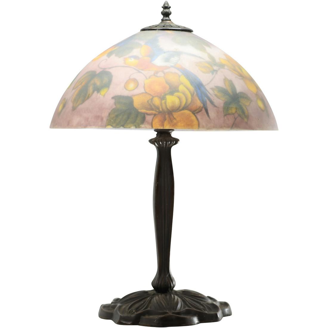 Late 20th C. Decorative Reverse Painted Glass Shade Table Lamp - Flowers (1 of 20)