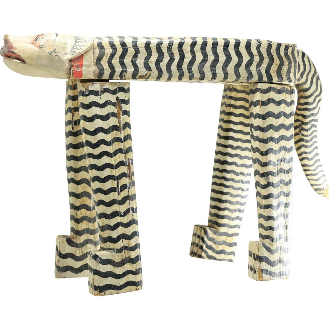 Wooden Folk Art Cat with Zebra Stripes Figure Statue: Wooden Folk Art Cat with Zebra Stripes Figure Statue. size: top 3h 19.5w tail 11.5h 5w x4 legs 14.5h 3.25w