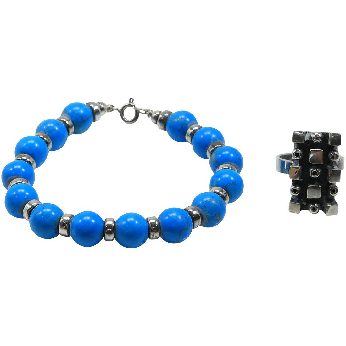 .925 Sterling Silver Turquoise Bracelet &  Adjustable Brutalist Ring Size 8.25 [not Sterling] (1 of 18)