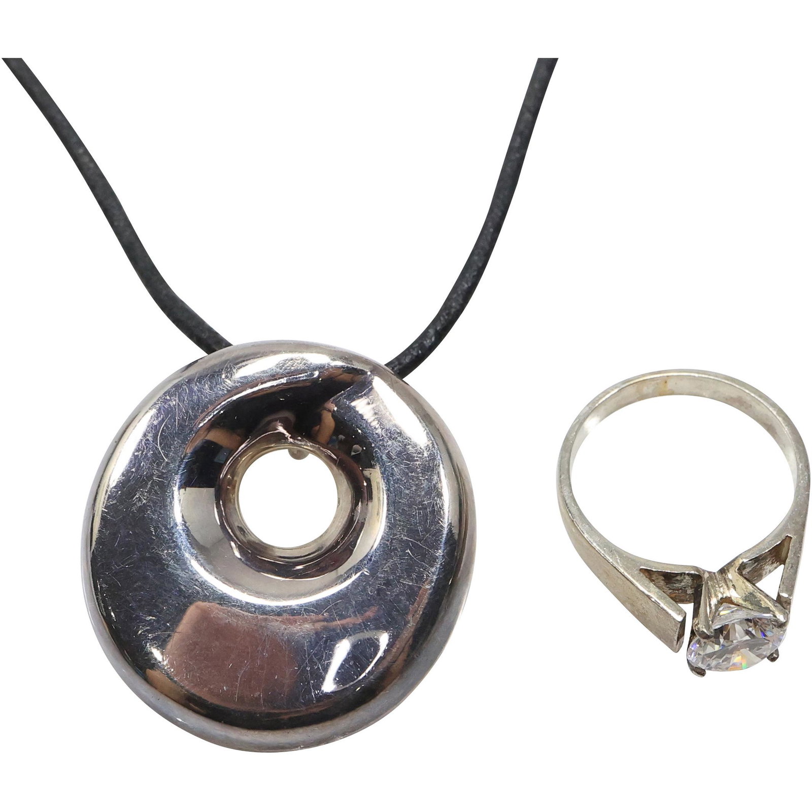 .925 Sterling 16 in. Rope on .925 Sterling Mexico Pendant & .925 Sterling CZ Ring Size 8: .925 Sterling 16 in. Rope on .925 Sterling Mexico Pendant 1 1/4 in. Necklace & .925 Sterling CZ Ring Size 8, 3/4 in. x 1/4 in.