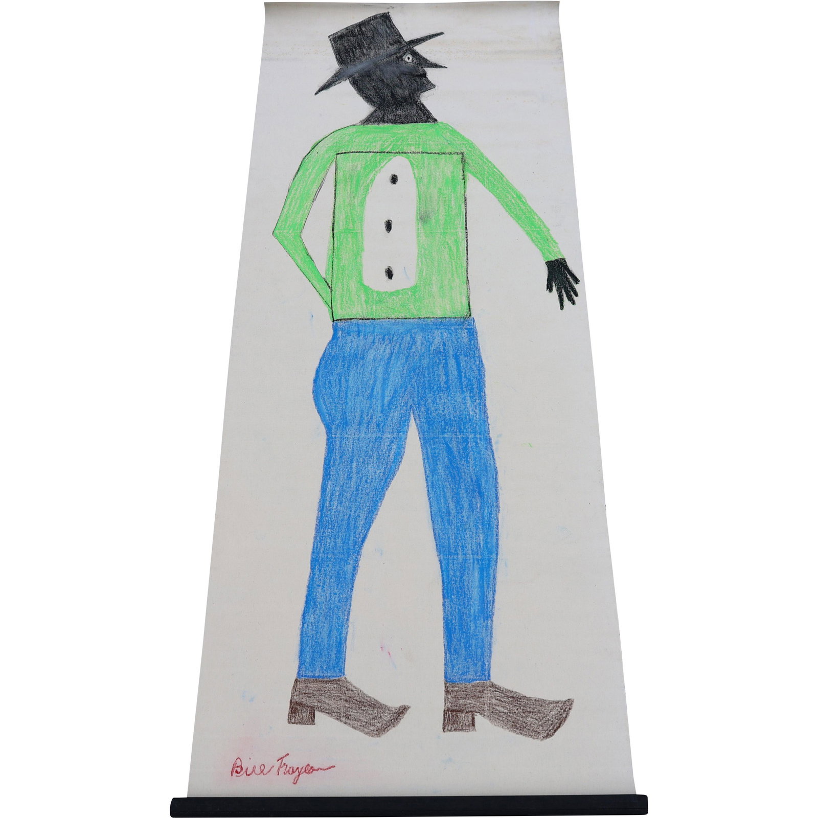 Bill Traylor, Large Oil pastel on canvas, Man Wearing Top Hat (1 of 10)