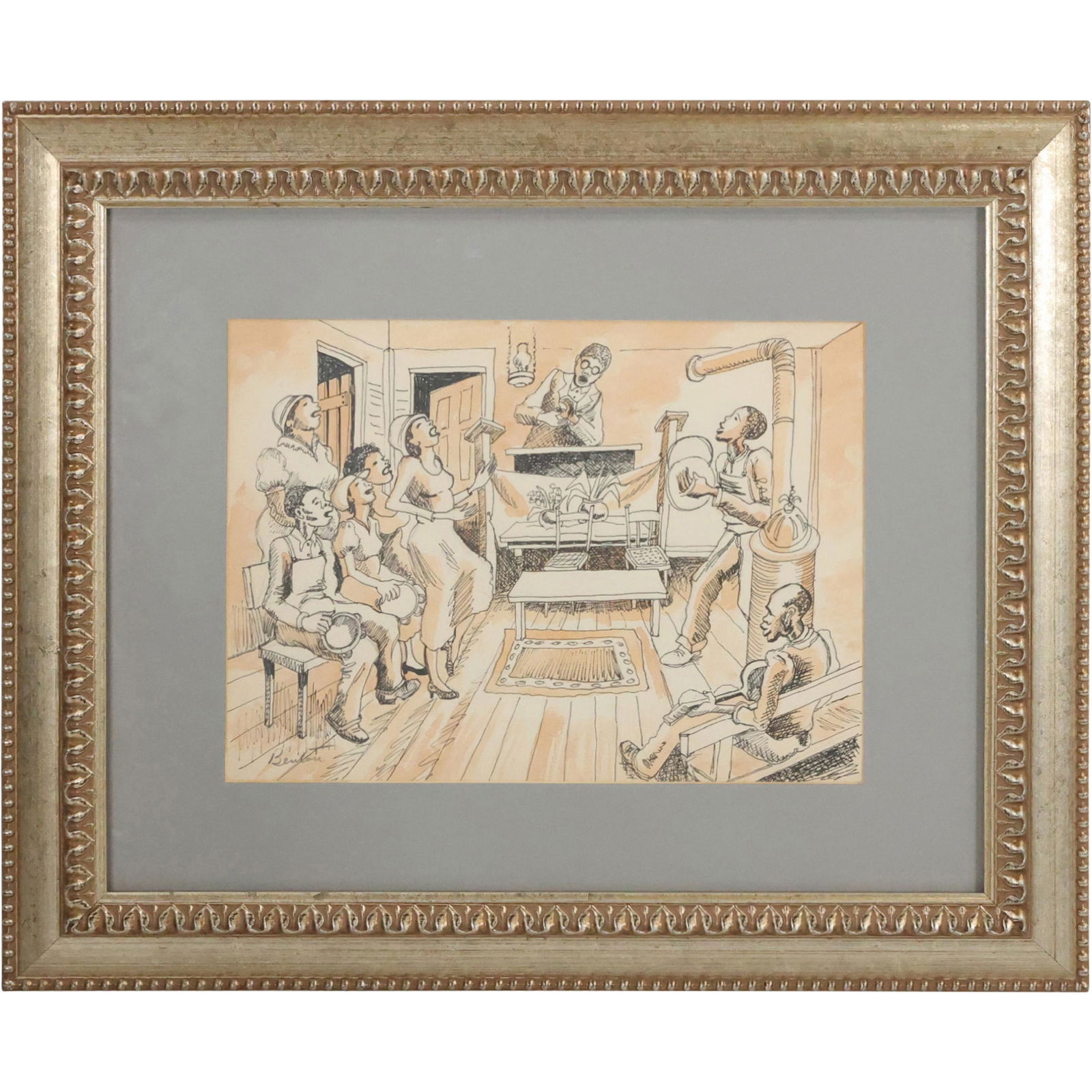 Thomas Hart Benton, attributed, Ink & Watercolor Painting Gospel Singing (1 of 12)