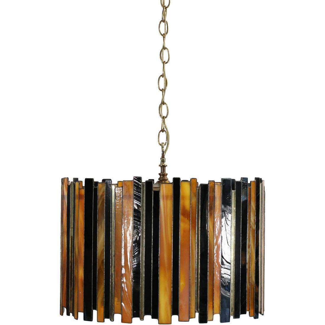 Mid-Century Modern Leaded Glass Narrow Panels Handing Chandelier: Mid-Century Modern Leaded Glass Narrow Panels Handing Chandelier. size: 12 x 18 x 14