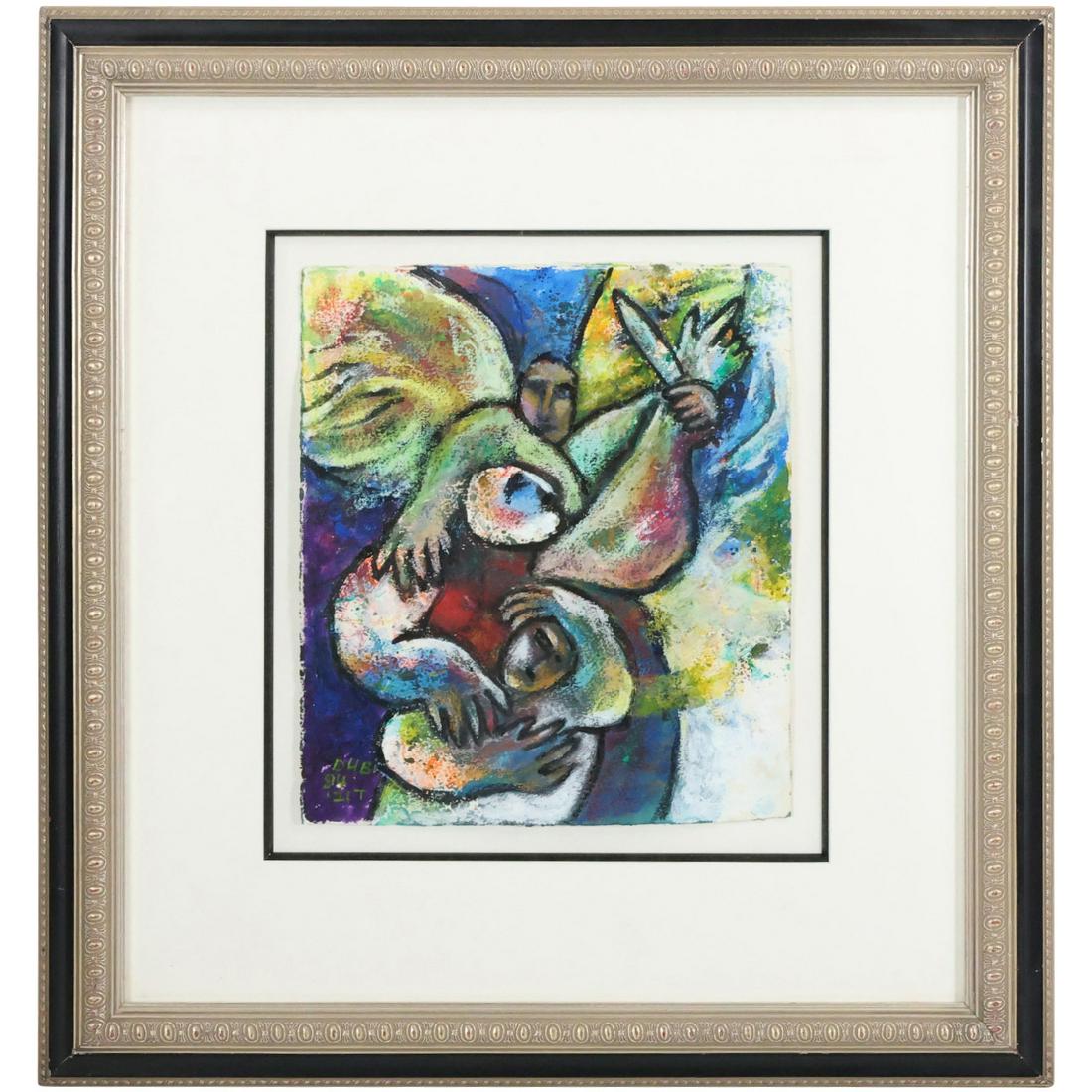 DUBI ARIE, Oil on Paper Painting ABSTRACT ANGEL With FIGURES, Signed, Framed (1 of 9)