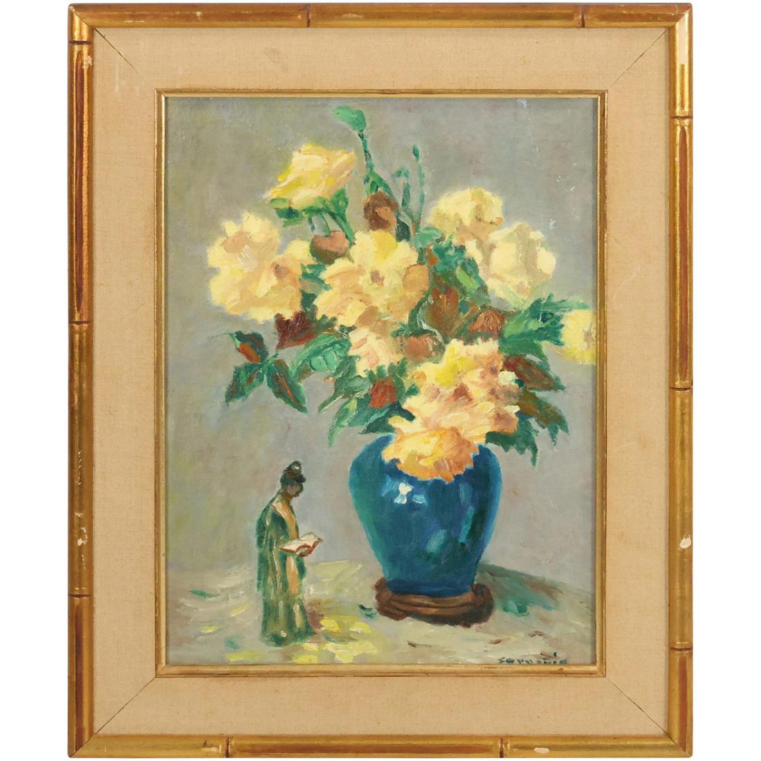 Savadnik , Vintage Oil on Board Painting, Flowers in Vase with Oriental Statue Still Life (1 of 11)