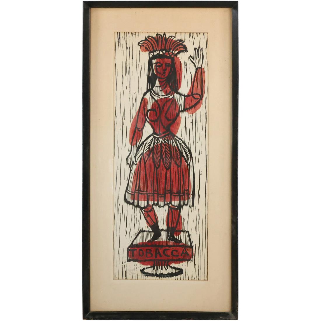 HARRY DUNN, 1958, Woodblock of a Cigar Store Indian, Signed, Framed, Label on Verso (1 of 15)