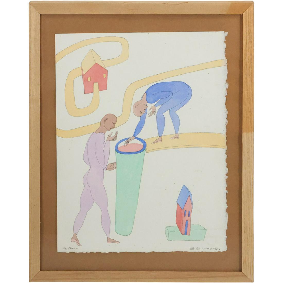 Minimalist Watercolor Painting Figures on Road Path, Artist Signed Illegible (1 of 12)