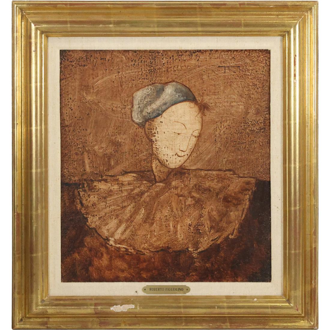 Roberto Figliolino, Oil on Board, Modernism Portrait of a Harlequin, Framed: Roberto Figliolino, Oil on Board, Modernism Portrait of a Harlequin, Framed. size: 17.5 x 16, 24.5 x 22.5 outside frame