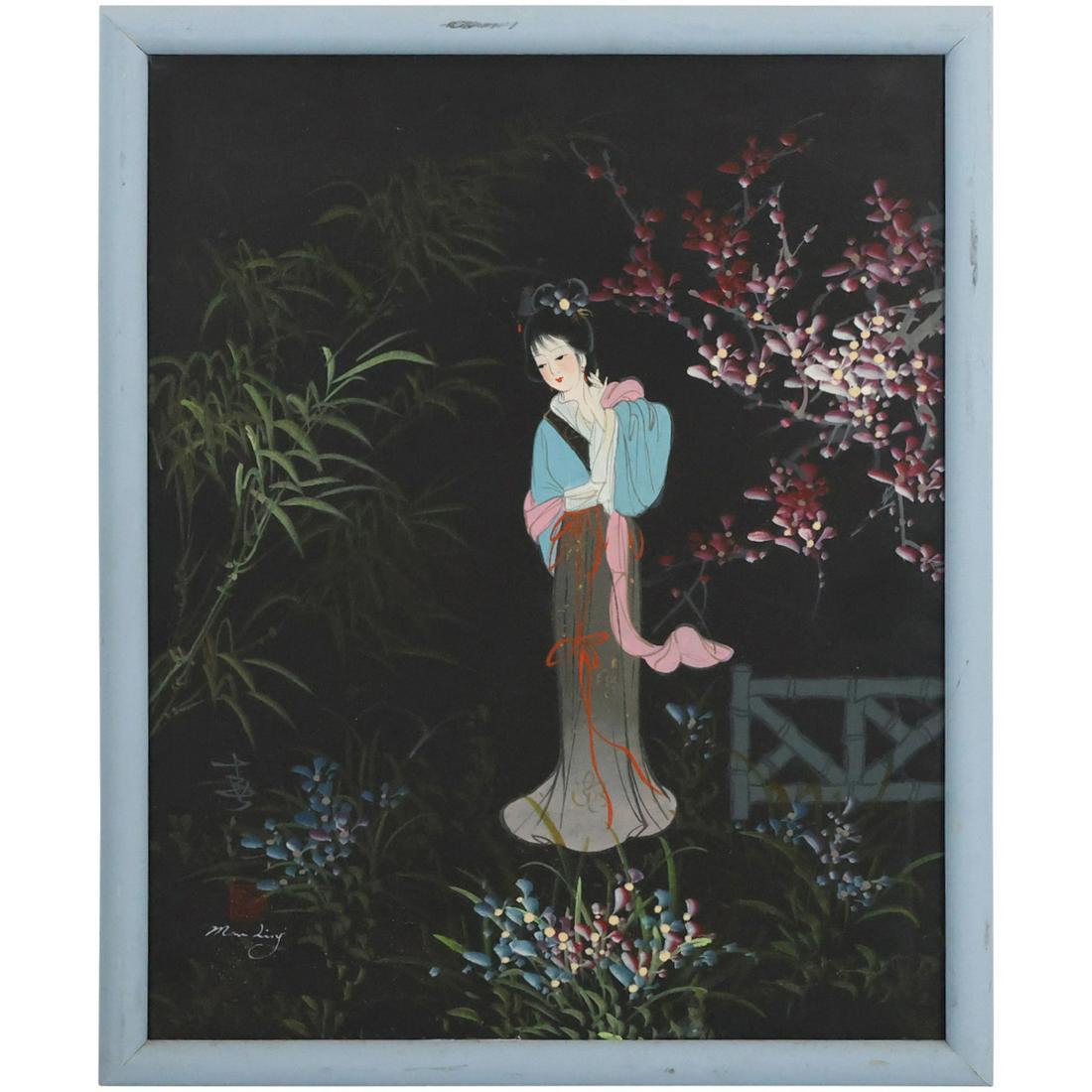 Man Ling, Japanese Geisha Girl in Landscape Oil on Canvas Painting, Signed, Framed: Man Ling, Japanese Geisha Girl in Landscape Oil on Canvas Painting, Signed, Framed. size: 20 x 16, 21.5 x 17.5 outside frame