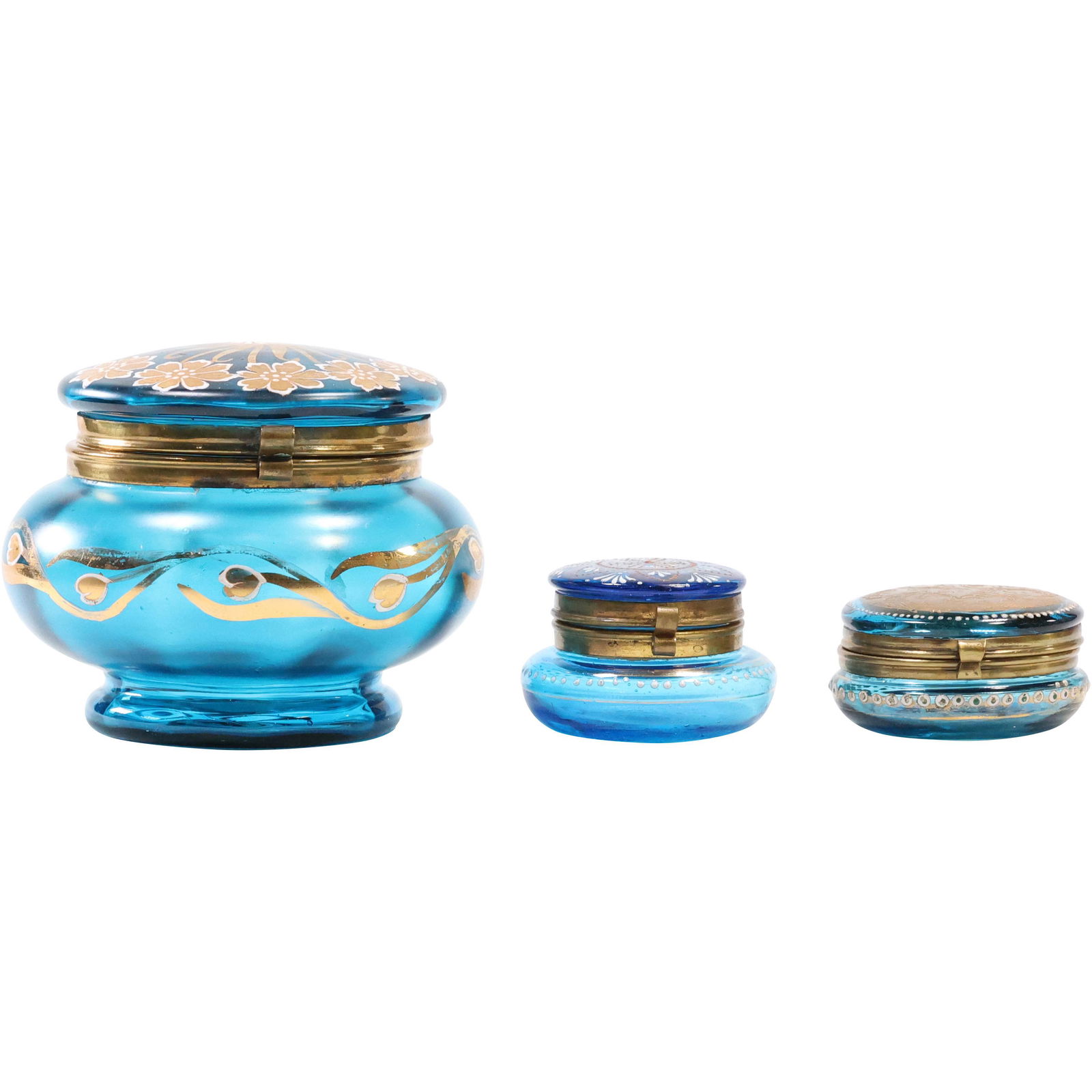 [3] Teal Blue Moser Glass Enamel Decorated Round Dresser Boxes (1 of 11)