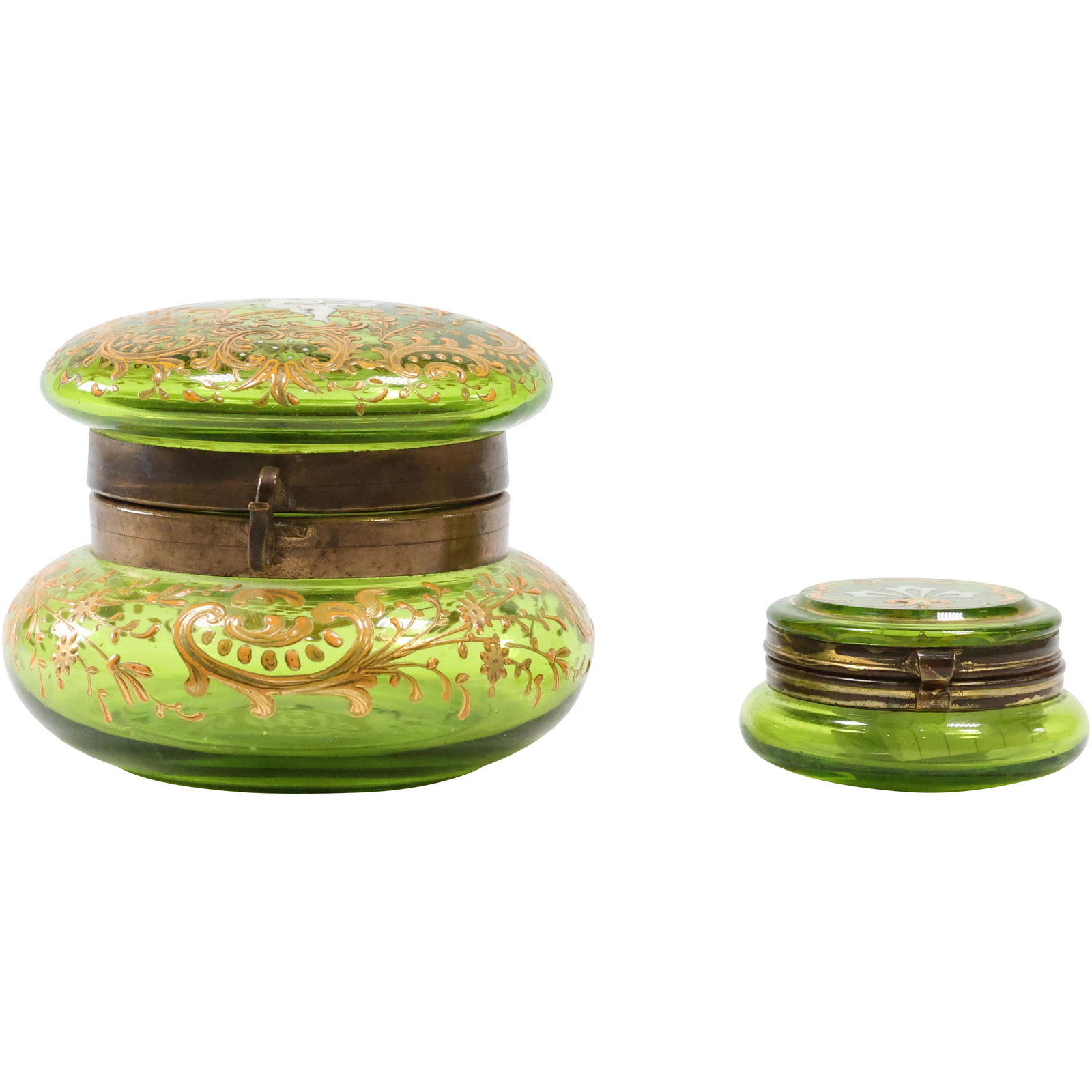 [2] Green Moser Glass Enamel Decorated Round Dresser Boxes (1 of 7)